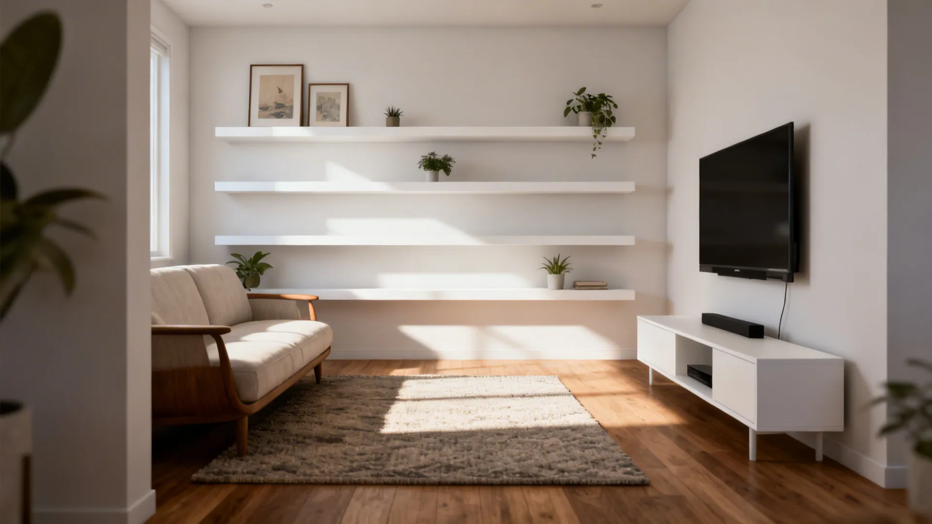 Living room featuring four long white wall shelves beige sofa TV stand and natural wooden flooring