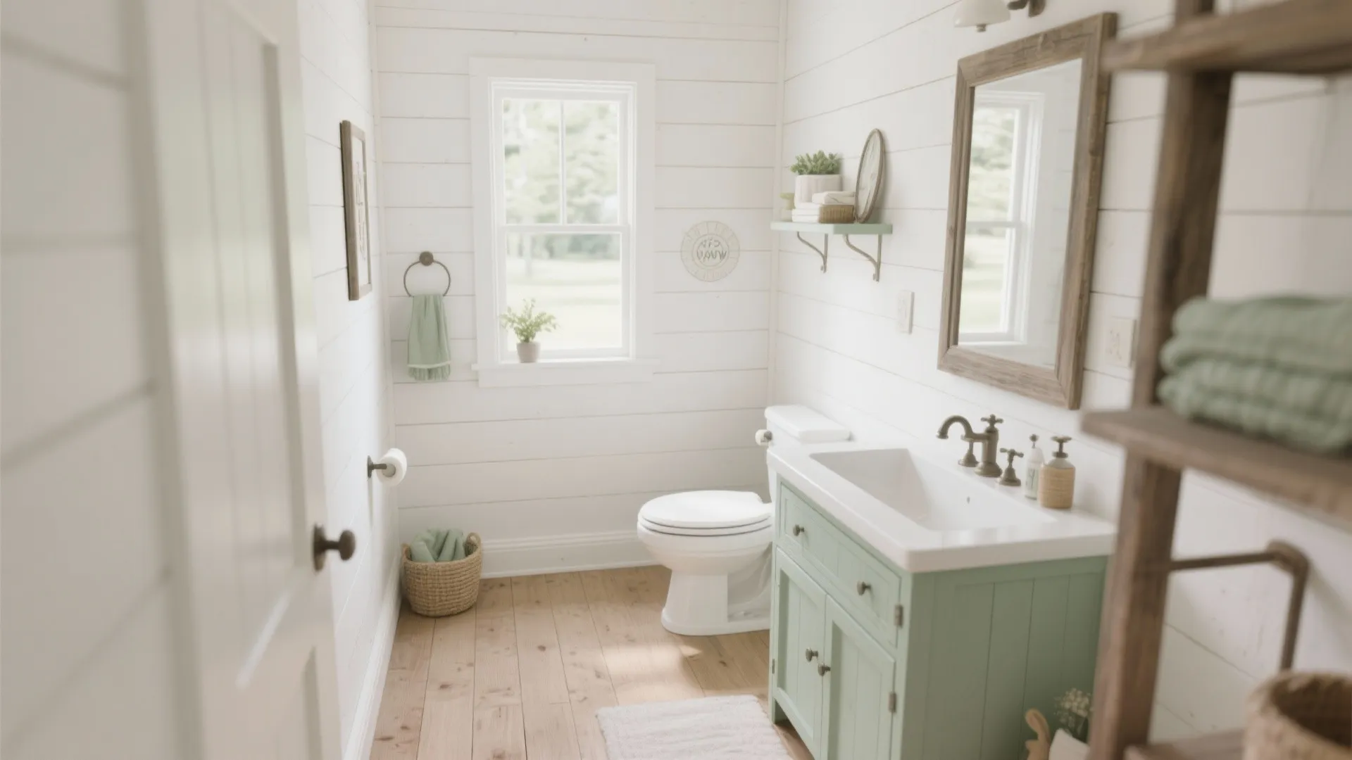 Small farmhouse bathroom with white wall panel wood floors green cabinet toilet and mirror with window