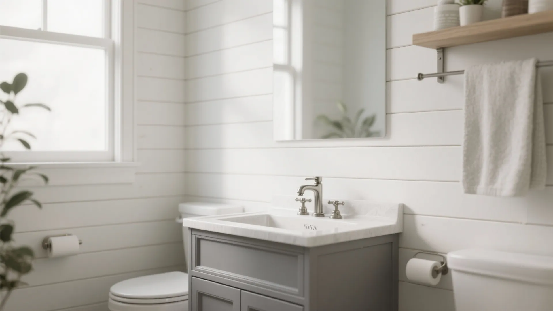 Classic bathroom interior with grey cabinet and white wall panels and mirror and small shelf