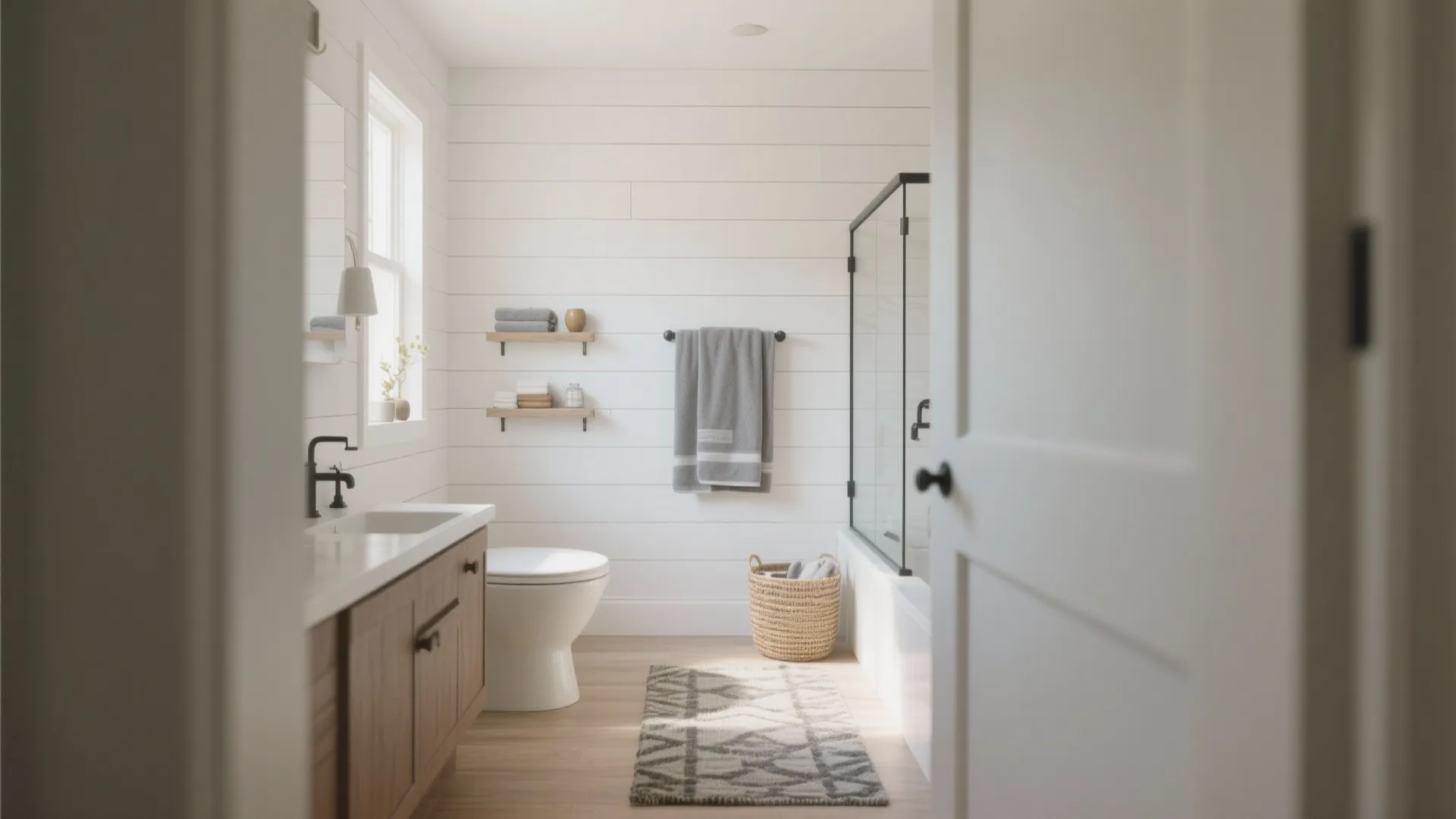 Bathroom with white wall panels wooden cabinet white toilet grey rug and glass shower door