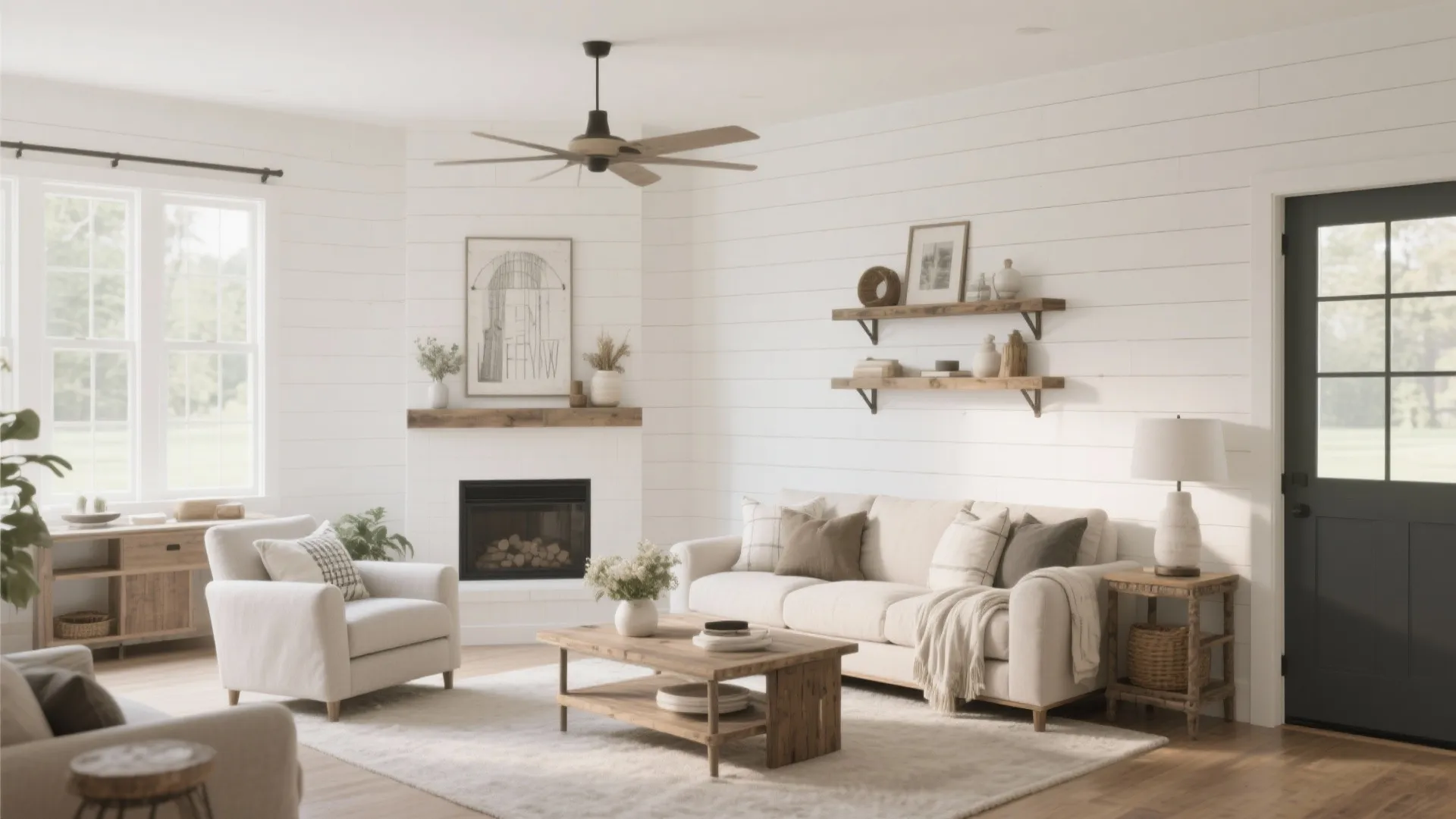 White-painted shiplap wall in a modern farmhouse living room