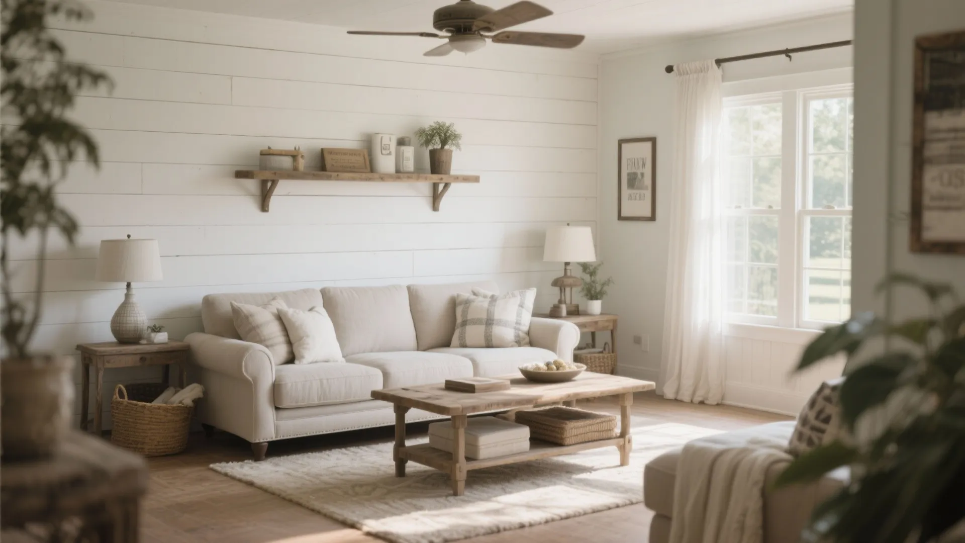 Farmhouse living room featuring white wall panel beige sofa wooden coffee table and bright window light