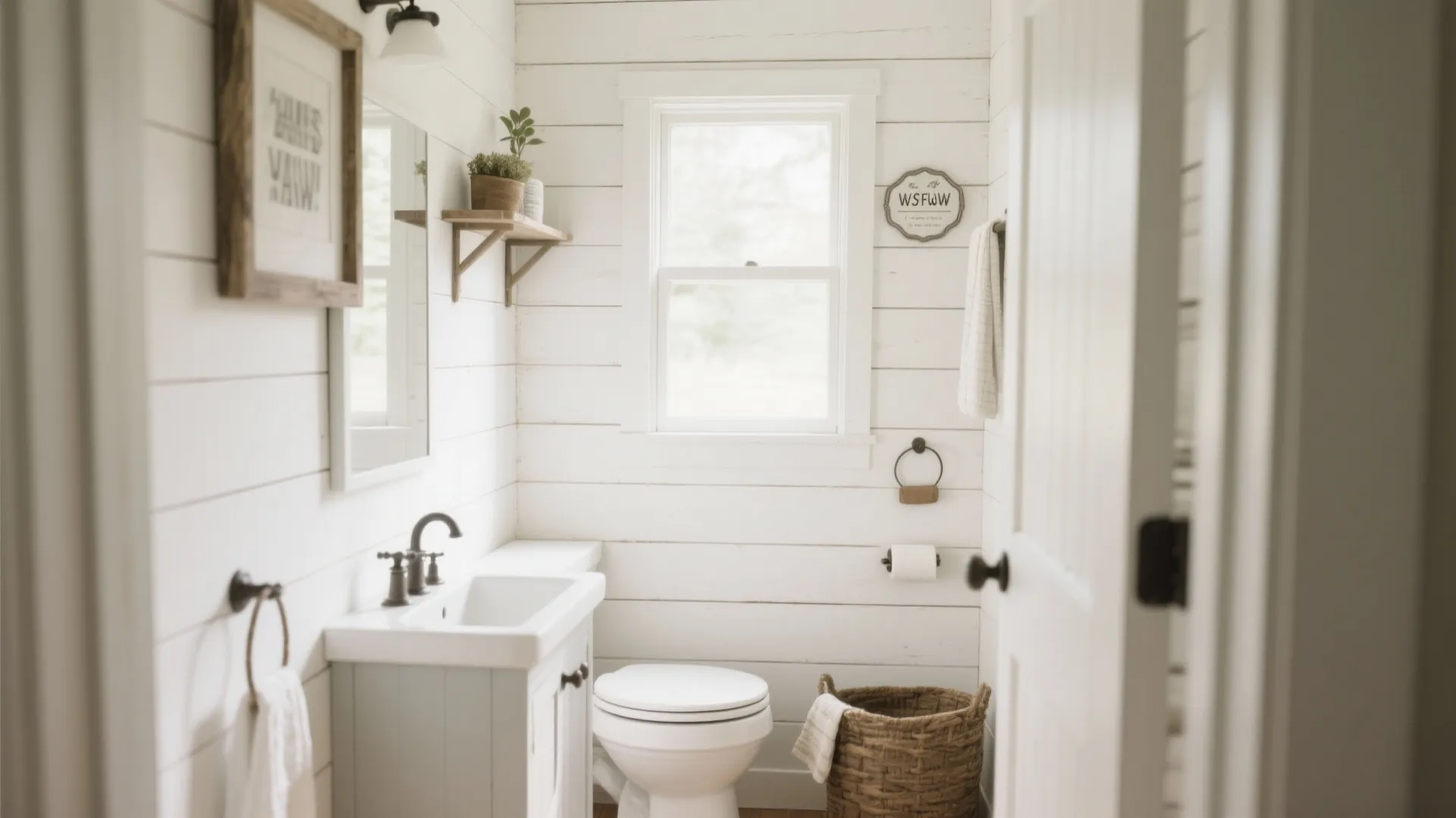 Small white bathroom with wall panels featuring a toilet sink mirror window and storage basket