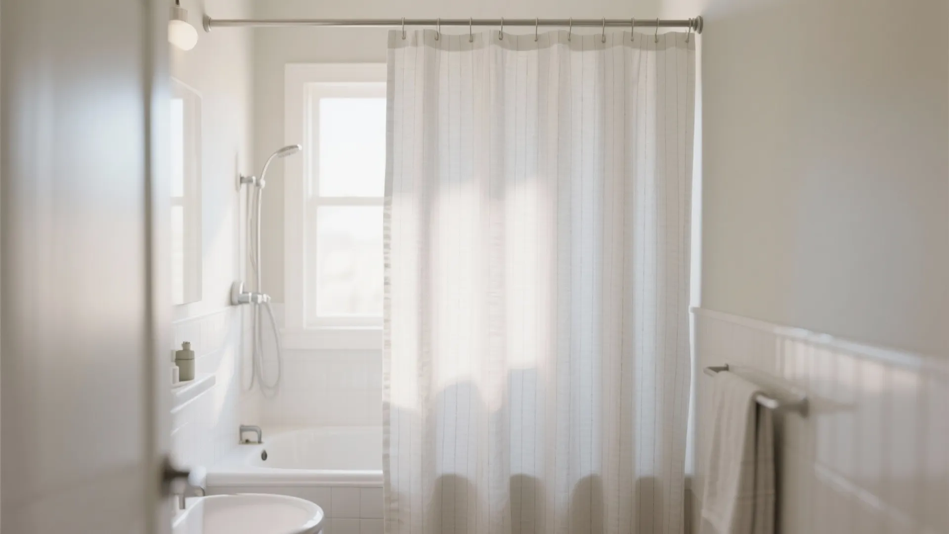 Small bathroom with a white linen shower curtain with subtle stripes and a liner