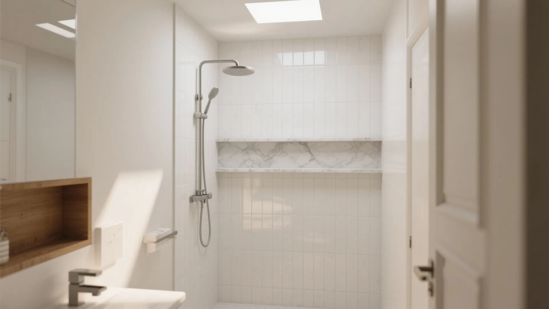 Bright modern bathroom with white wall tiles shower head marble shelf and warm natural light