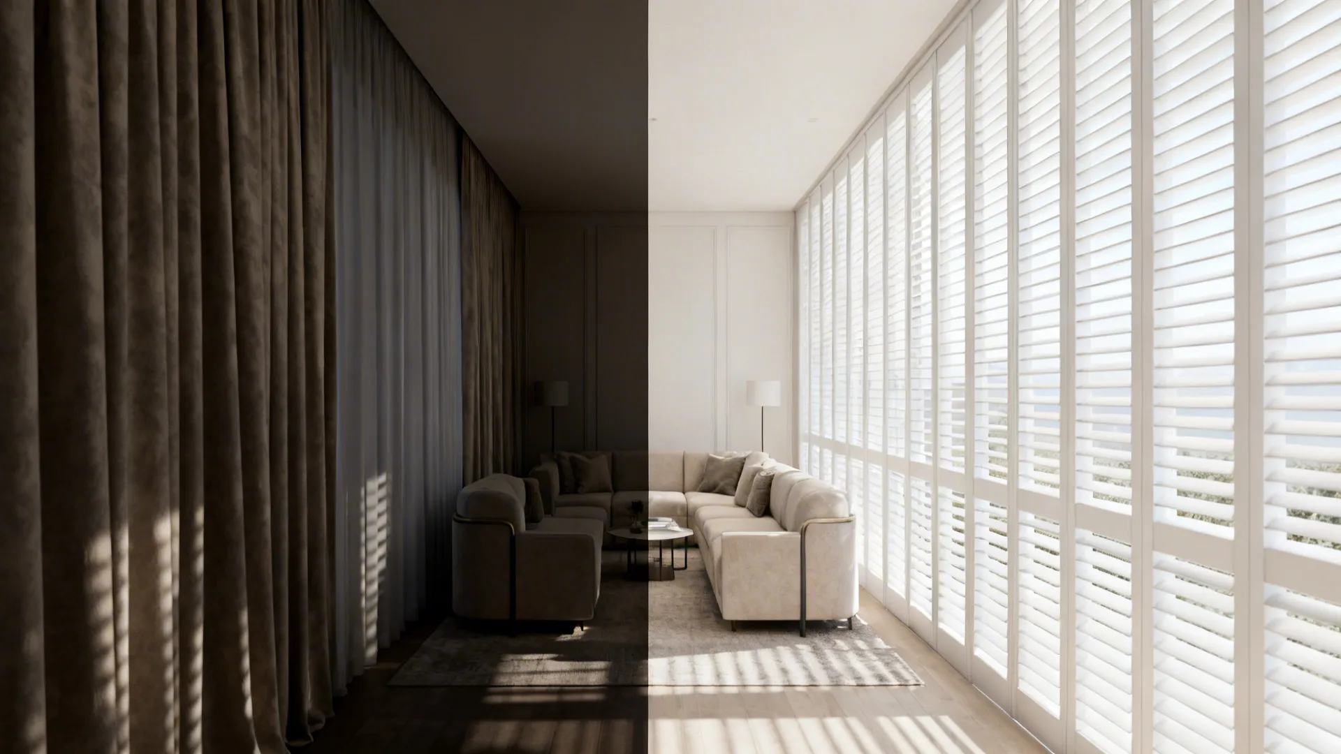 Before-and-after narrow living room showing heavy curtains versus slim white plantation shutters for a brighter space