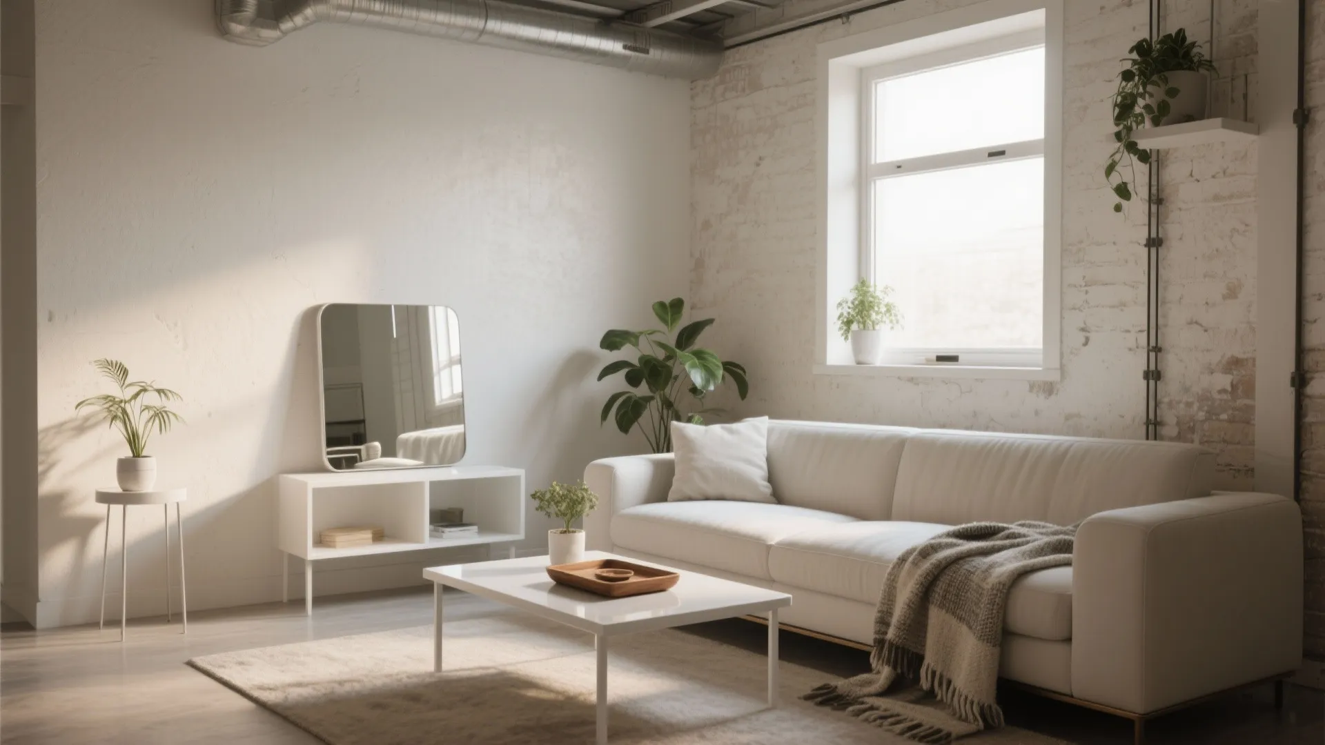 Modern white living room with sofa, coffee table, and white cabinet with a large mirror