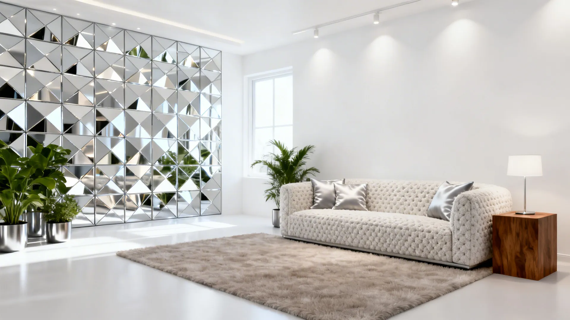 Modern white living room featuring tufted sofa, geometric mirror wall, soft rug, and green plants