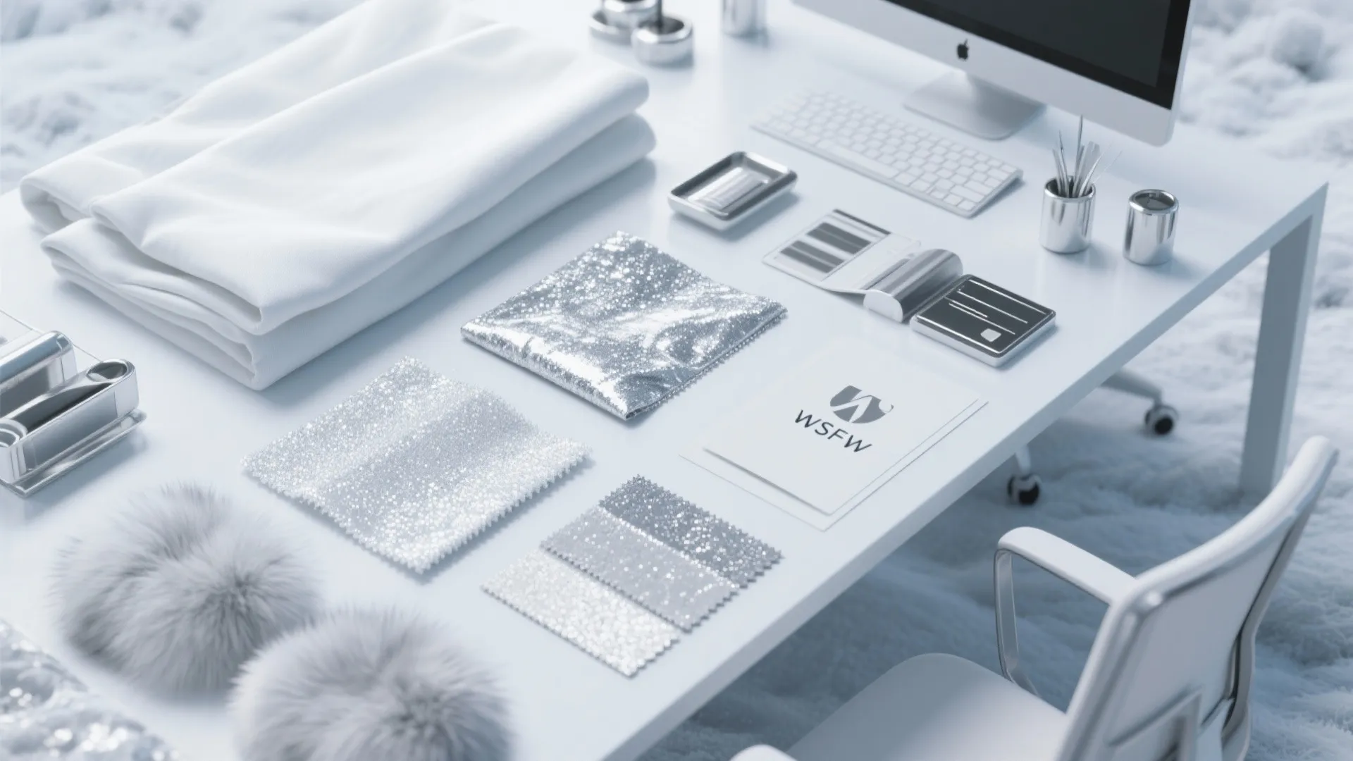 White desk with silver fabric samples and computer monitor in a clean modern office space