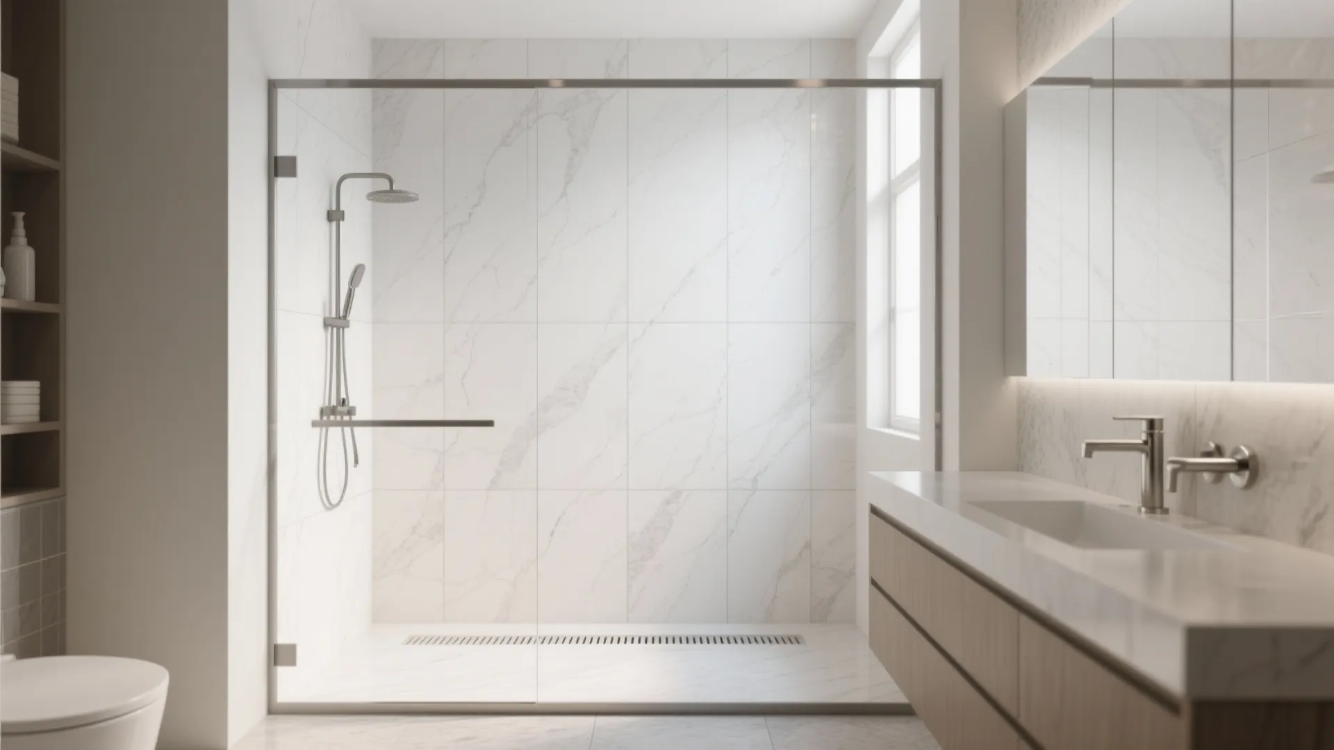 Modern bathroom with white marble tile shower glass door wooden cabinet and large sink mirror