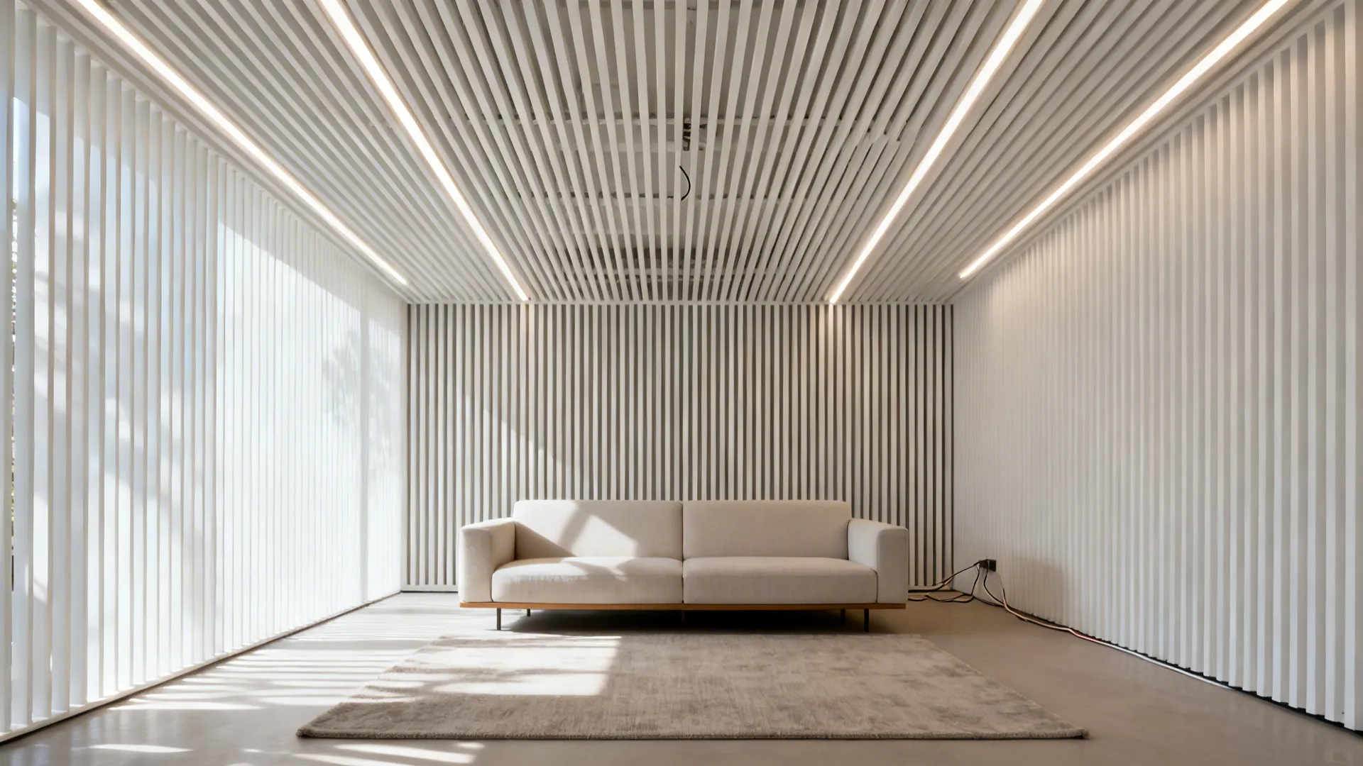 Minimal white PVC slatted ceiling with soft linear LEDs in a small modern living room.