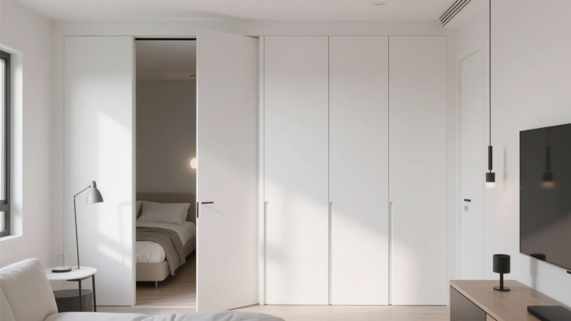 White sliding panels in a studio apartment
