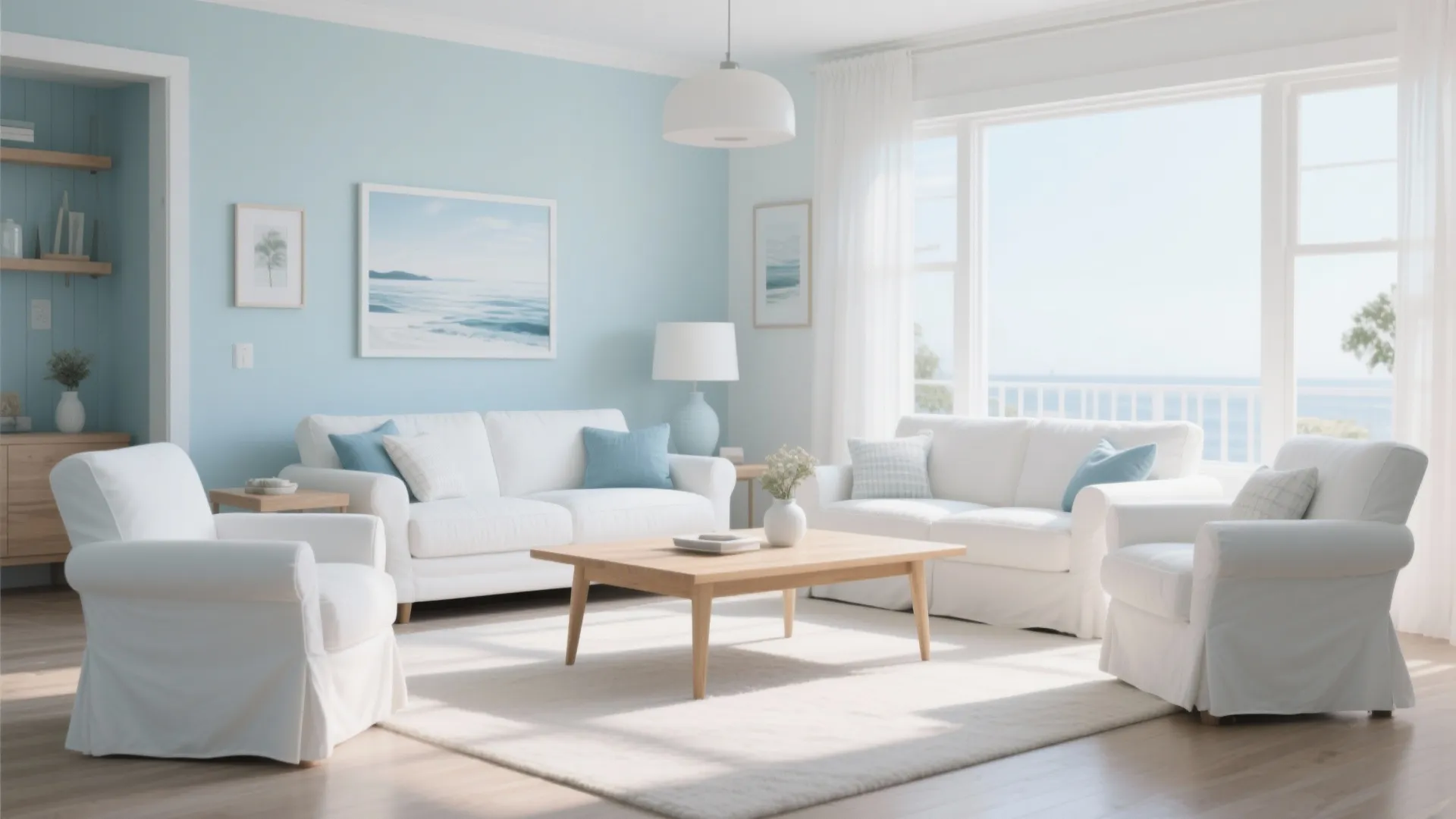 Bright coastal living room with white slipcover sofas light blue walls wooden table and view