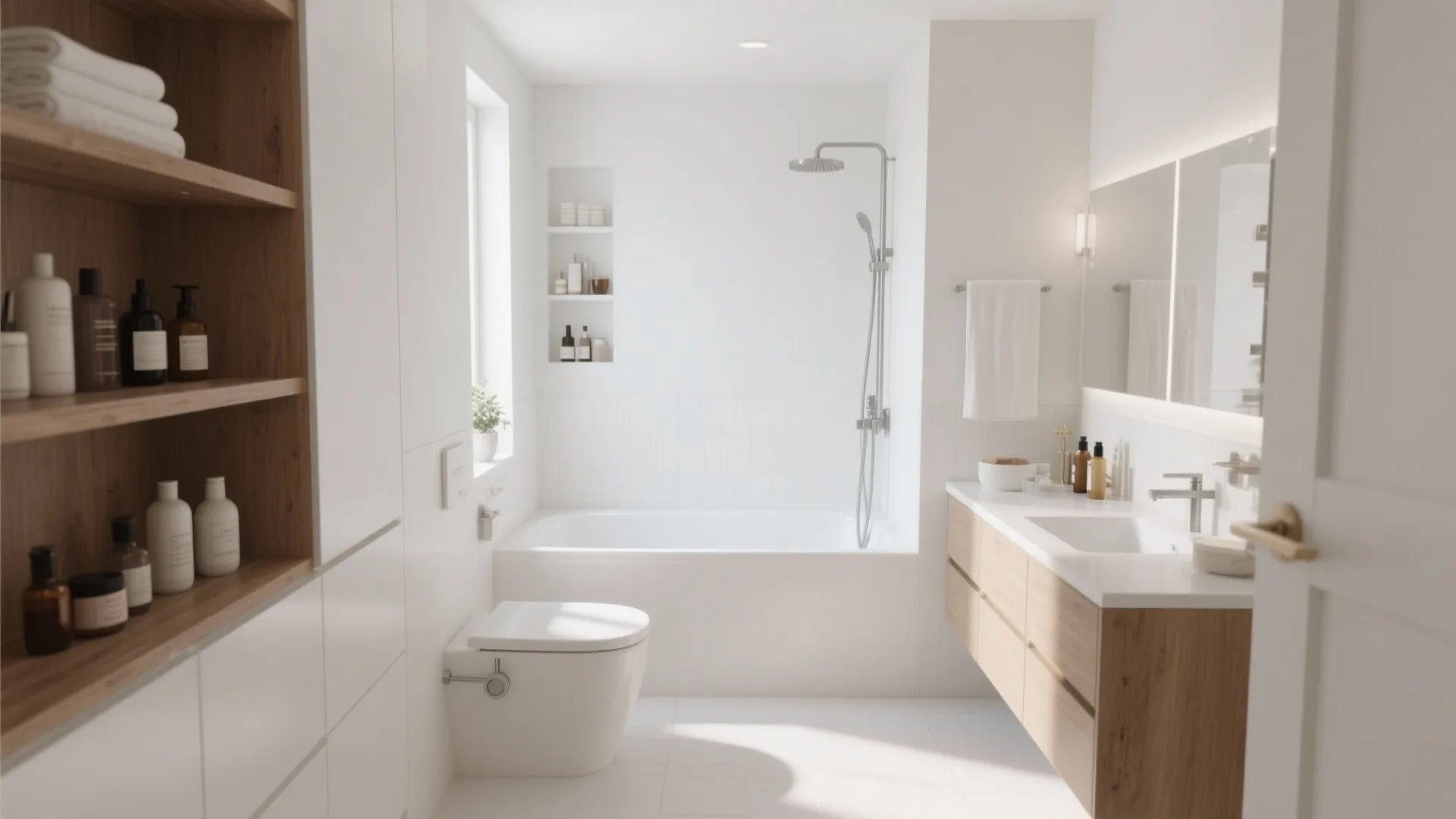 Bright bathroom with white bathtub wooden cabinet white sink toilet wall shower and wooden open shelves