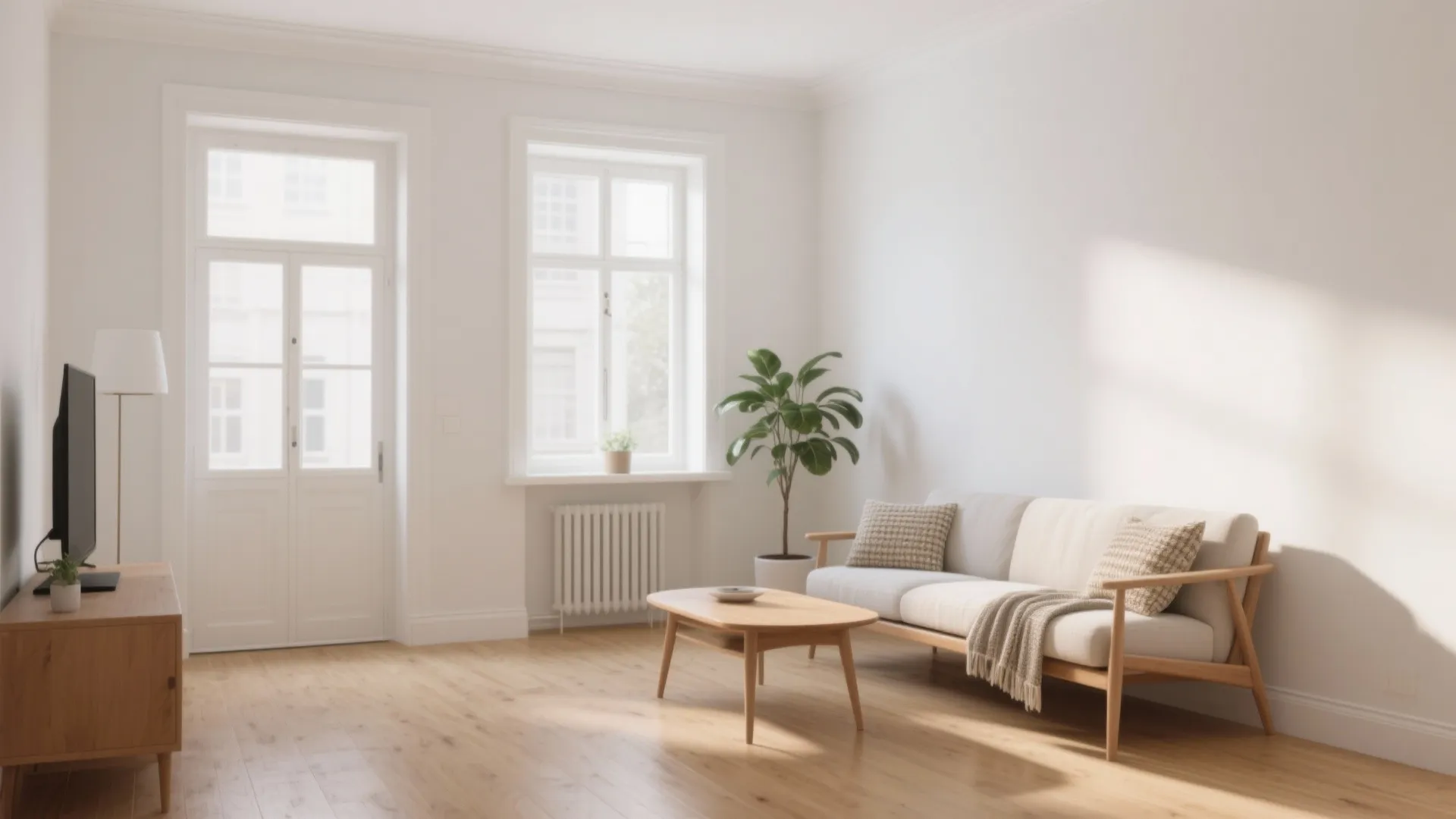 Small minimalist living room with white walls light wood floor white sofa and green plant