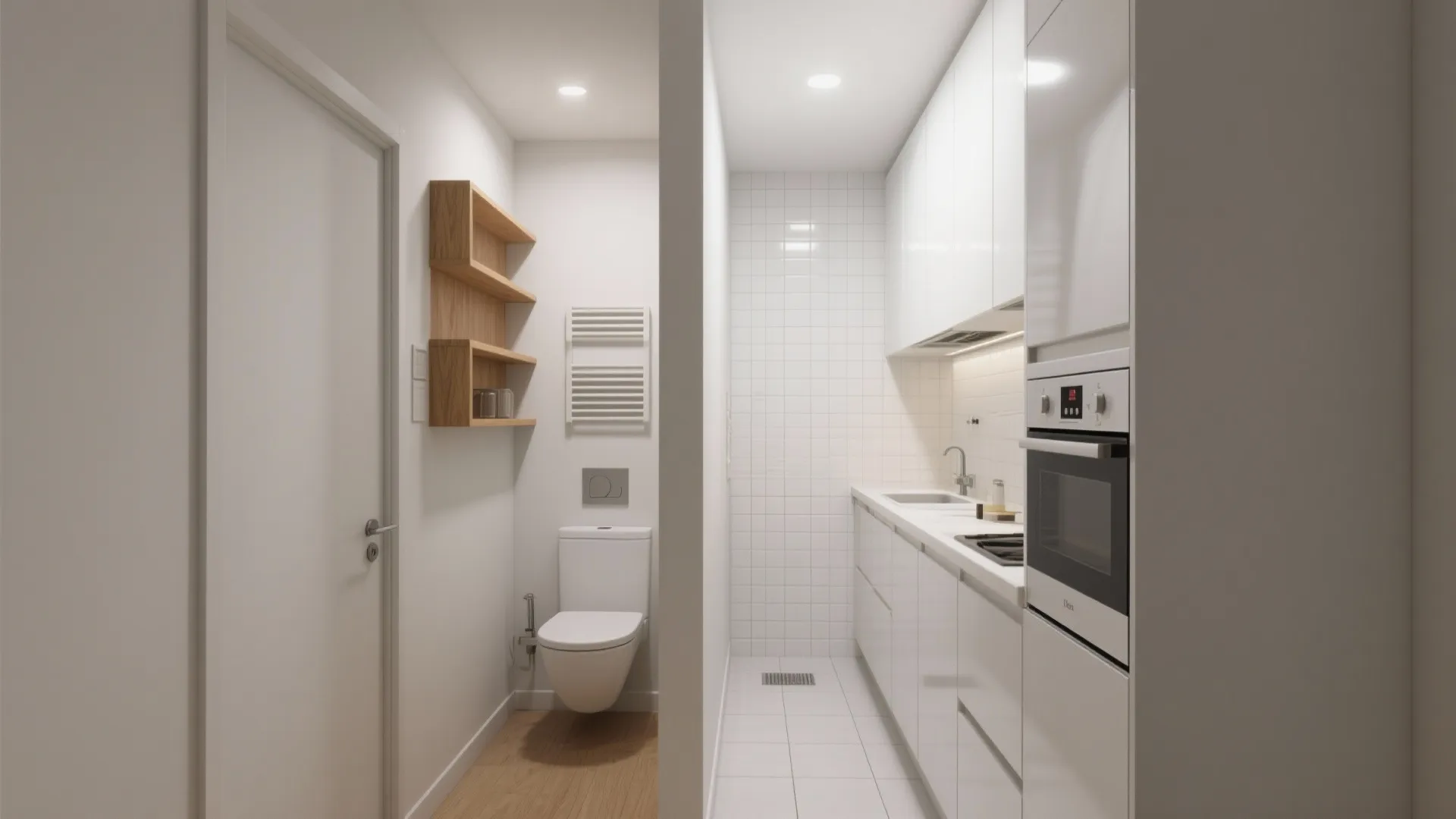 Modern white small apartment design showing a bathroom next to a narrow kitchen with oven