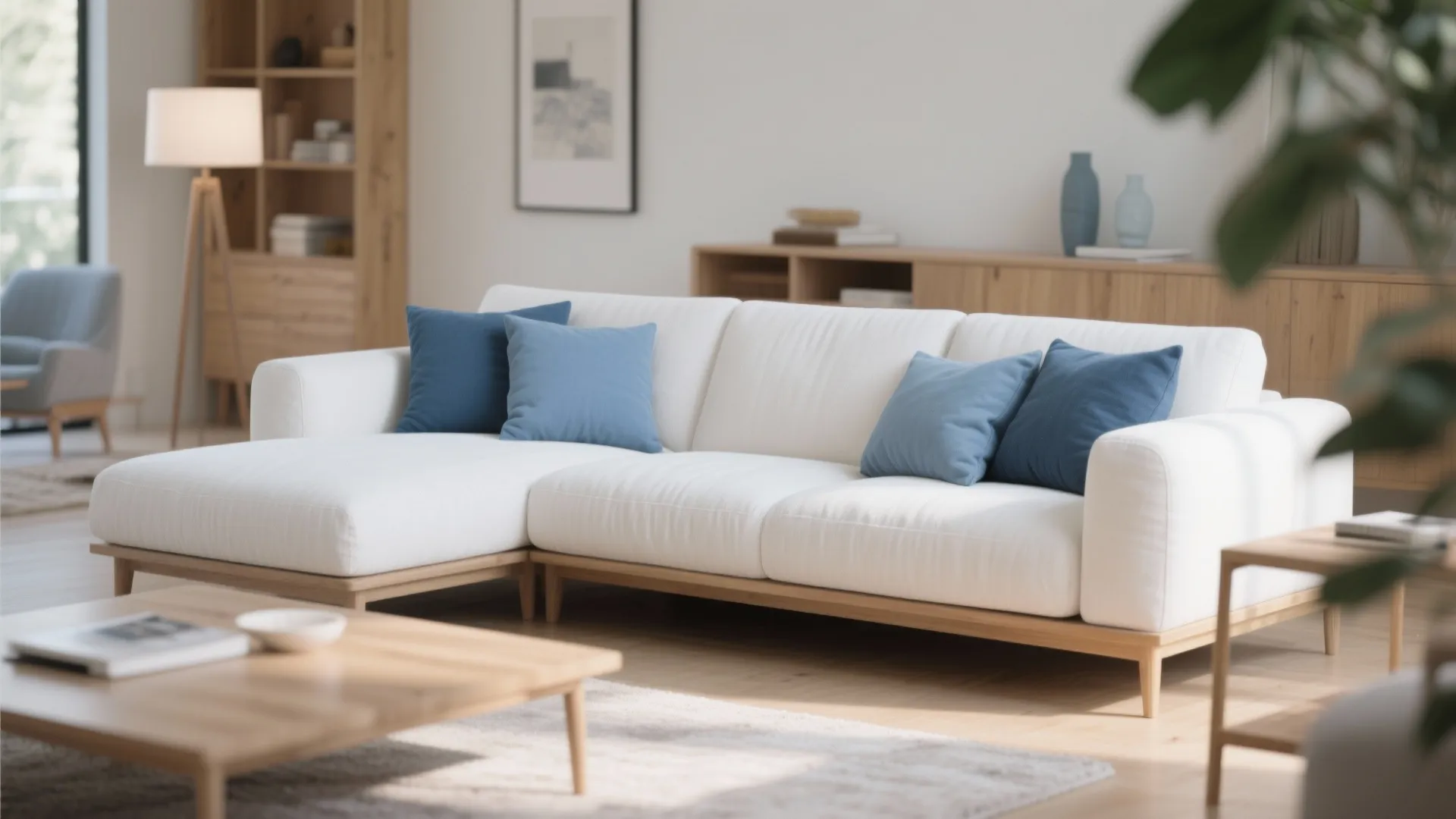 Modern white corner sofa with blue pillows in a bright living room with wooden furniture