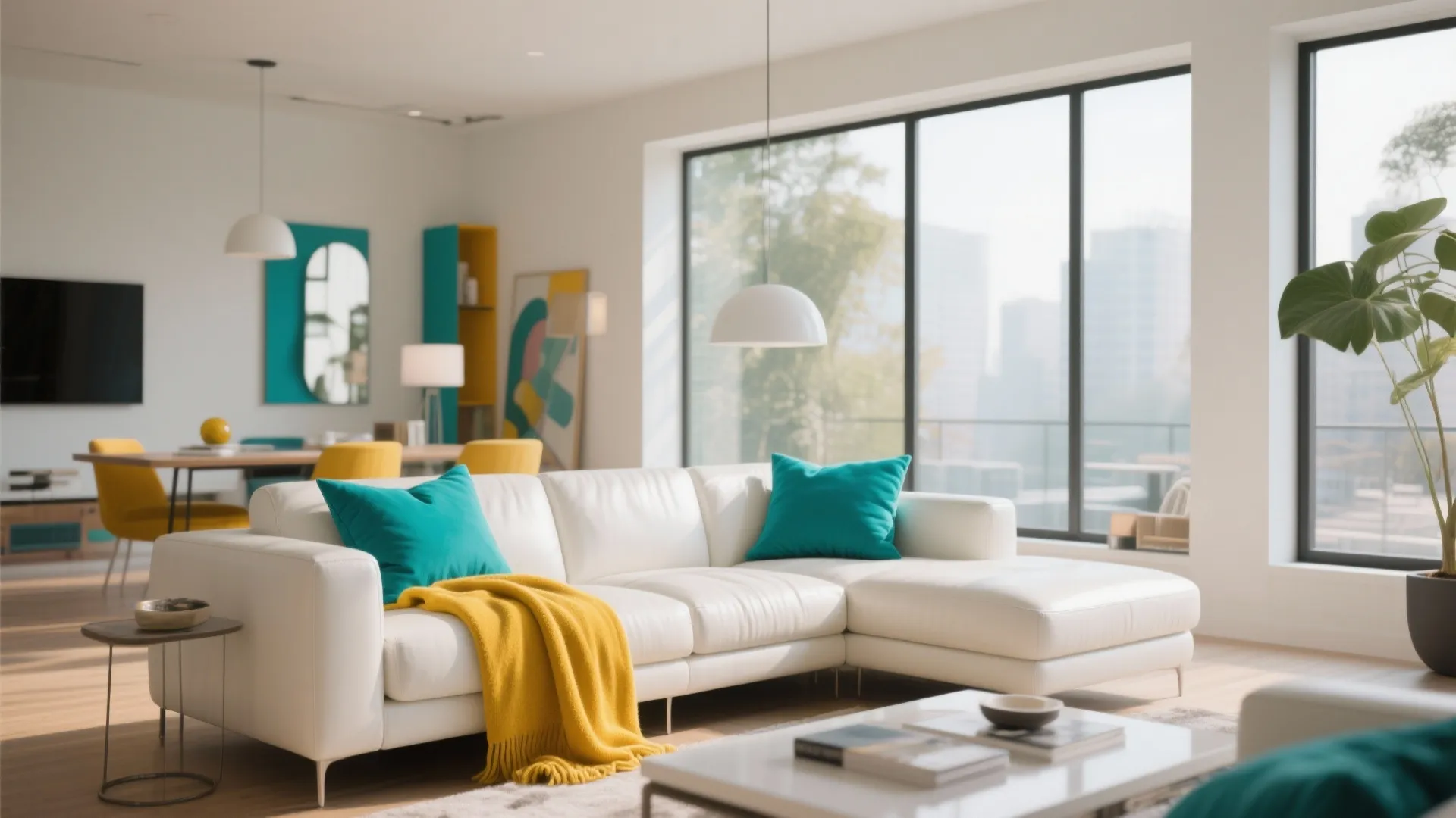 White sofa with teal pillows and yellow blanket in a modern room with large windows