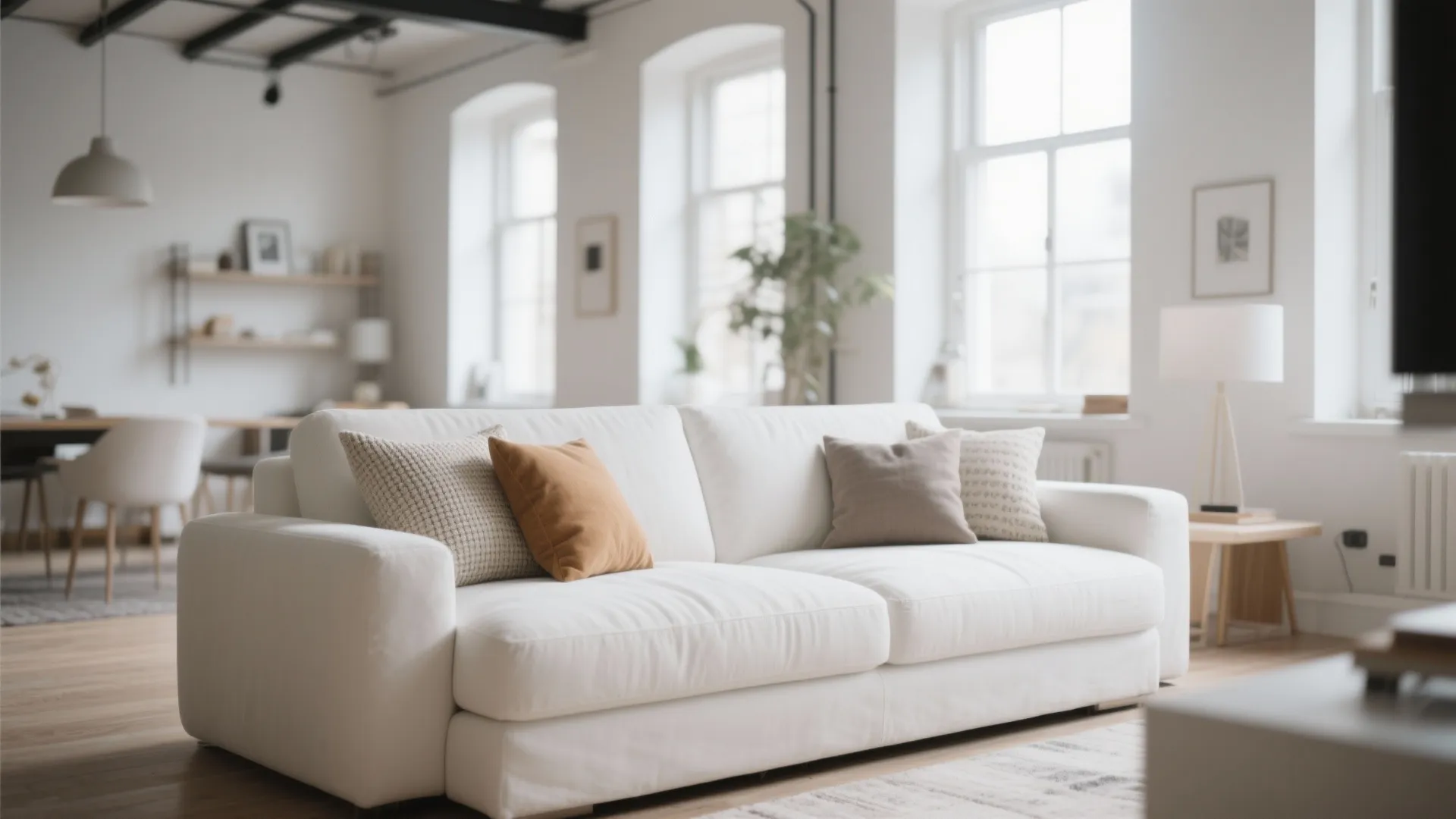 Comfortable white sofa with brown and grey cushions in a bright room with large windows