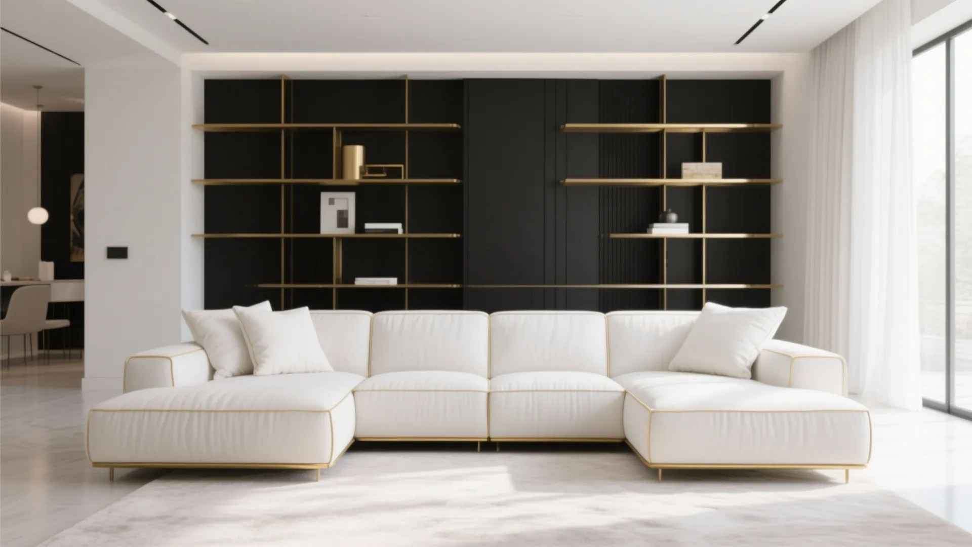 2. White Sofa with Gold-Trimmed Cushions