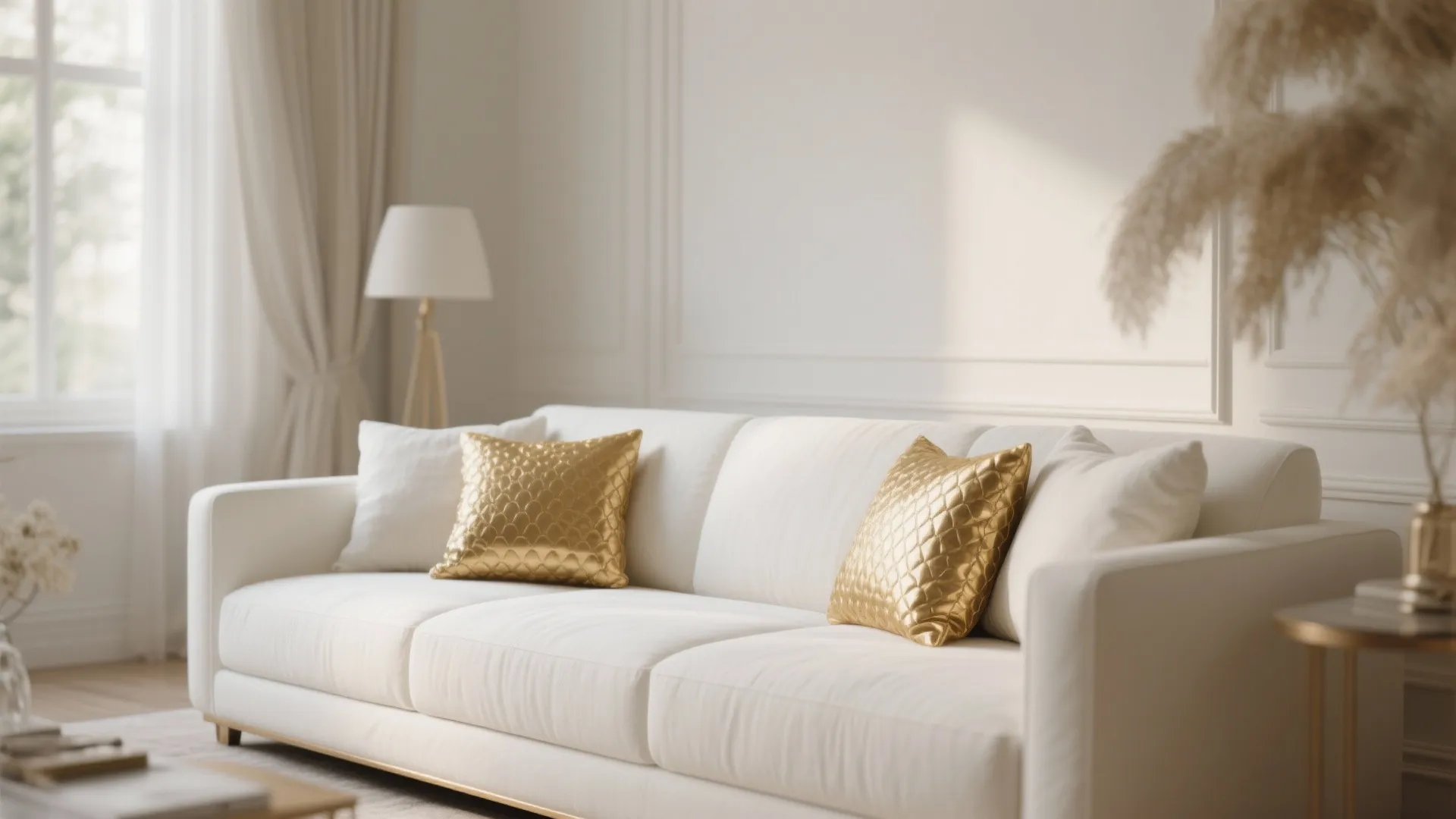 5. White Sofa with Gold Accent Pillows