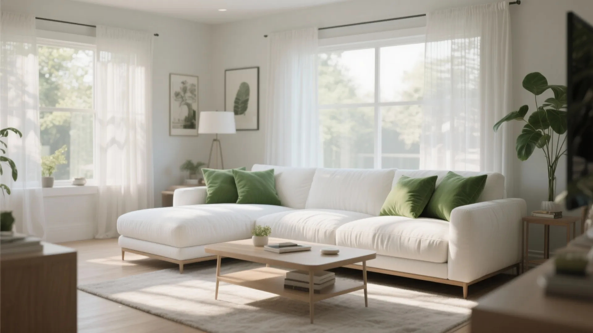 6. White Slipcovered Sofa with Green Throw Pillows