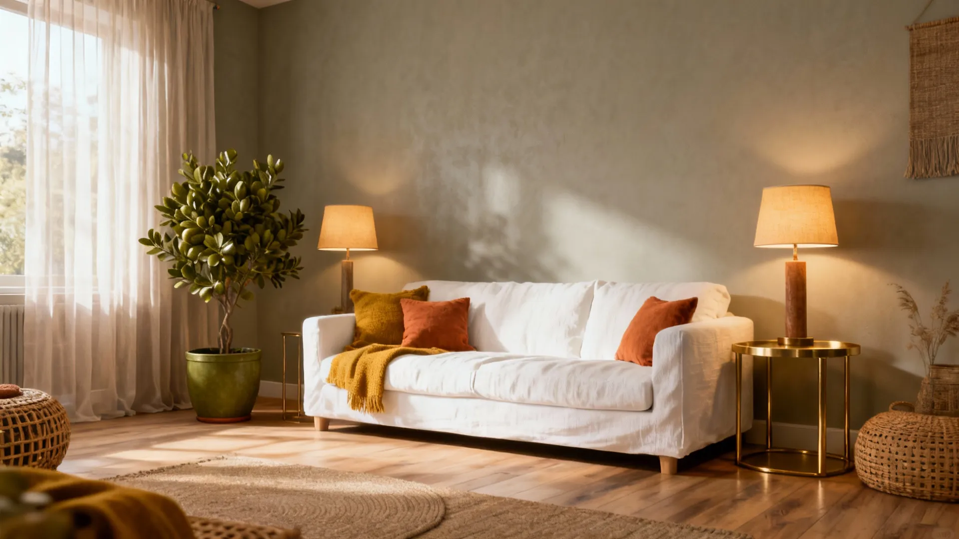 Cozy living room with white sofa green plant table lamps and warm natural light from window