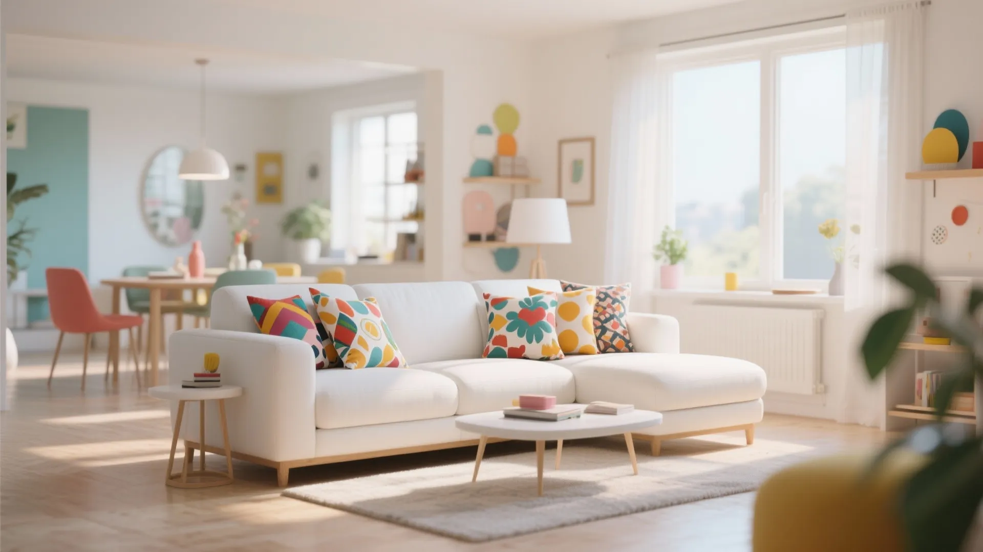 Bright living room with white sofa colorful pillows coffee table rug and dining area background