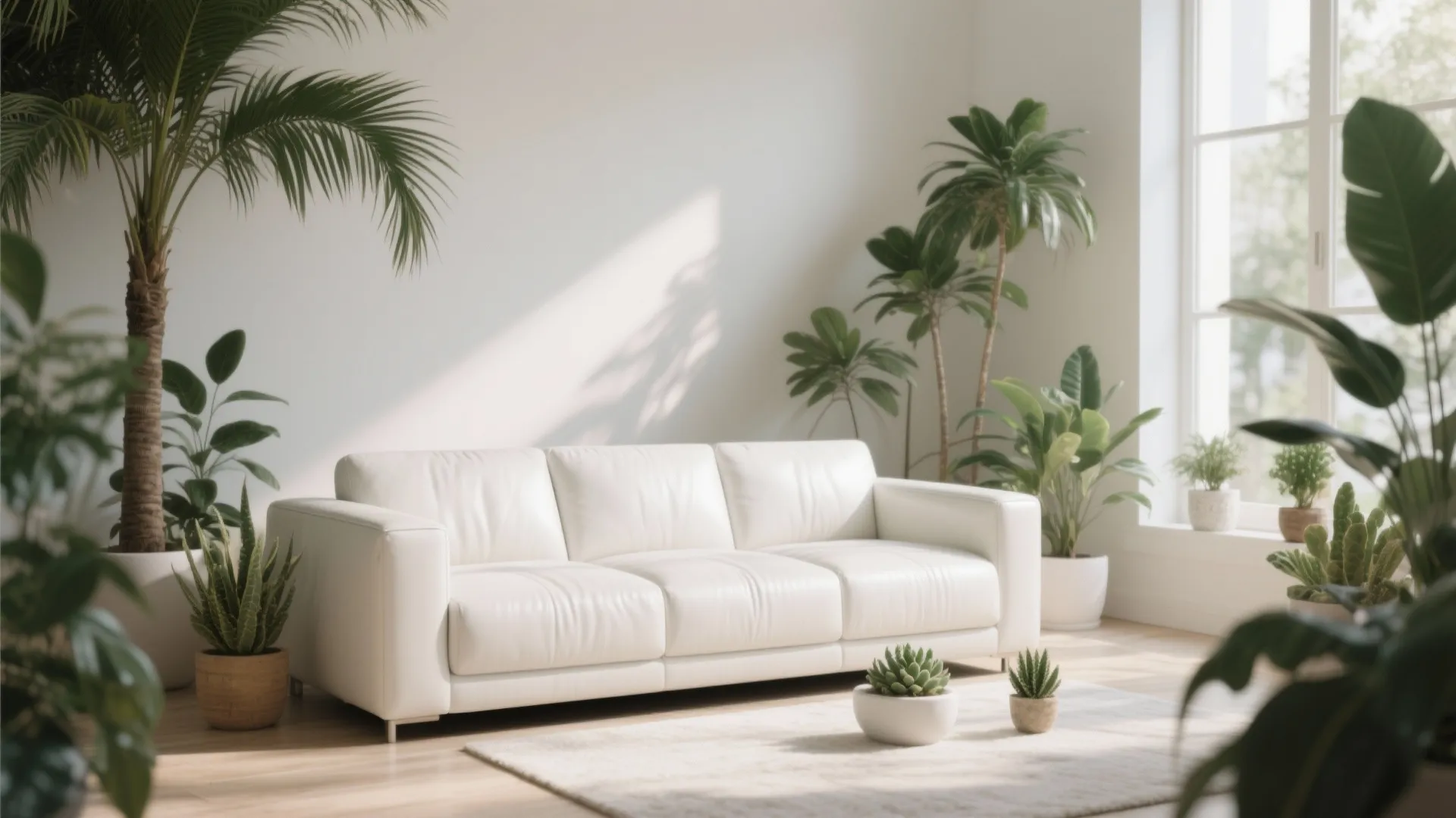 Bright living room with white sofa surrounded by green indoor plants and large glass windows