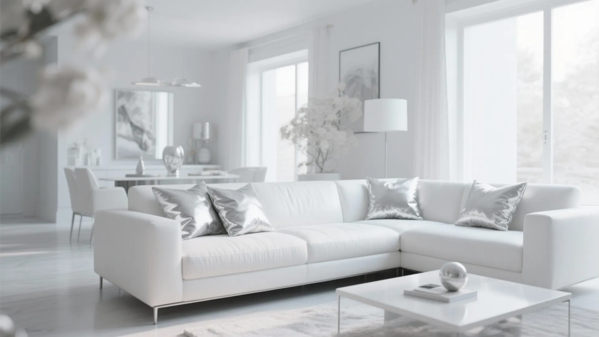 White sofa with luxurious silver accent pillows
