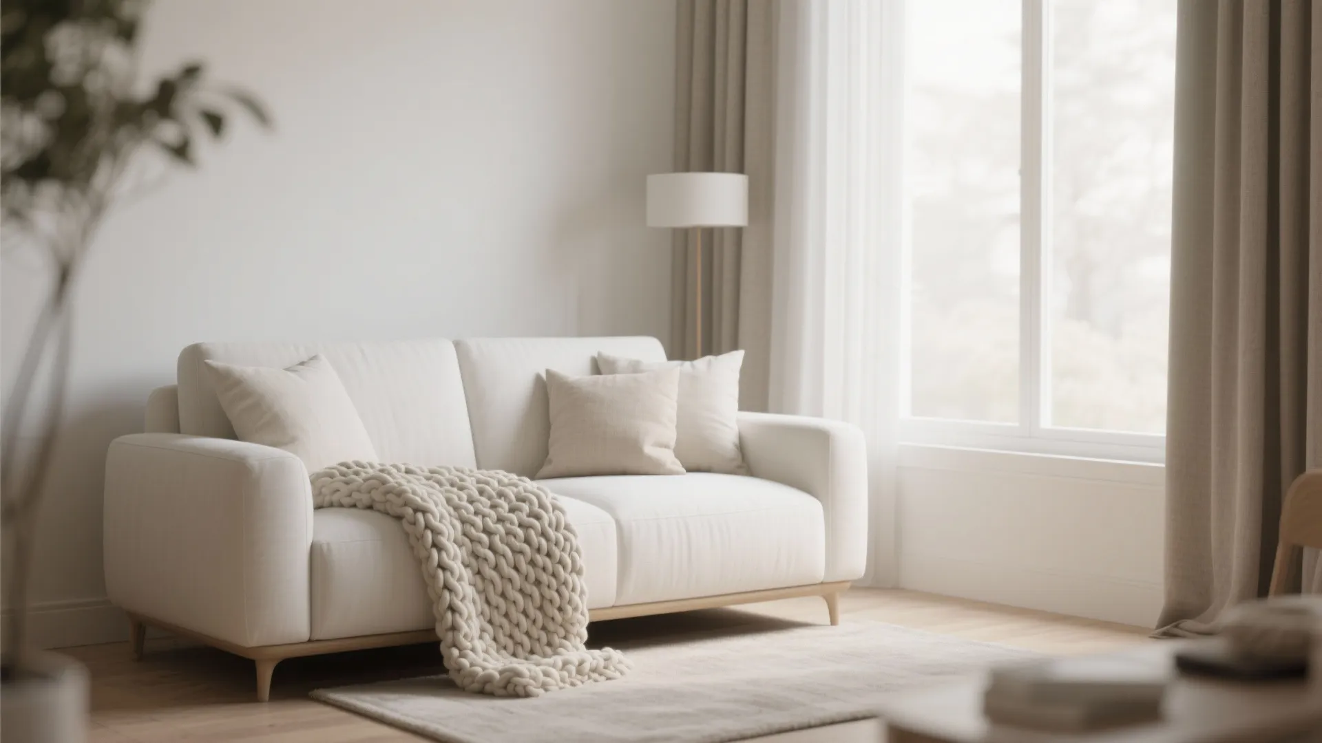 1. Minimalist White Sofa with Layered Textures