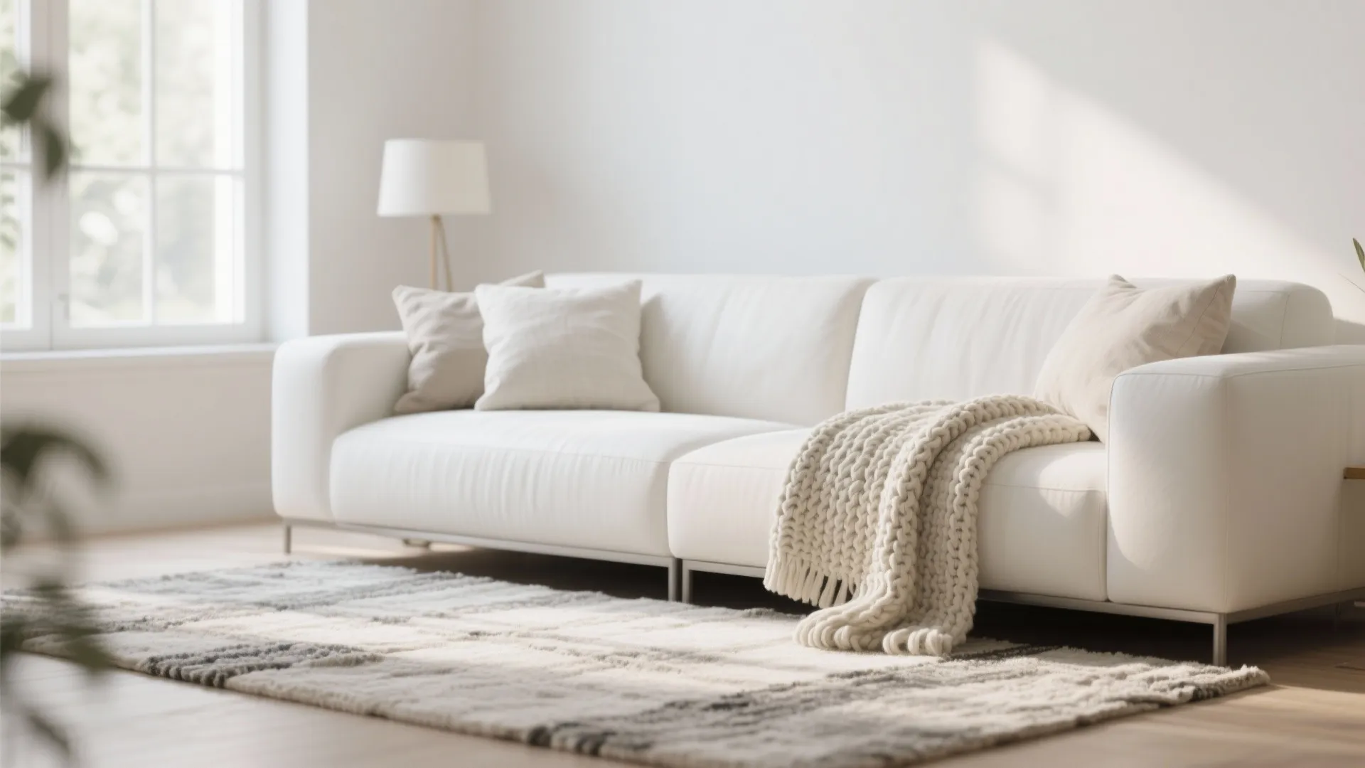 1. Minimalist White Sofa with Layered Textures