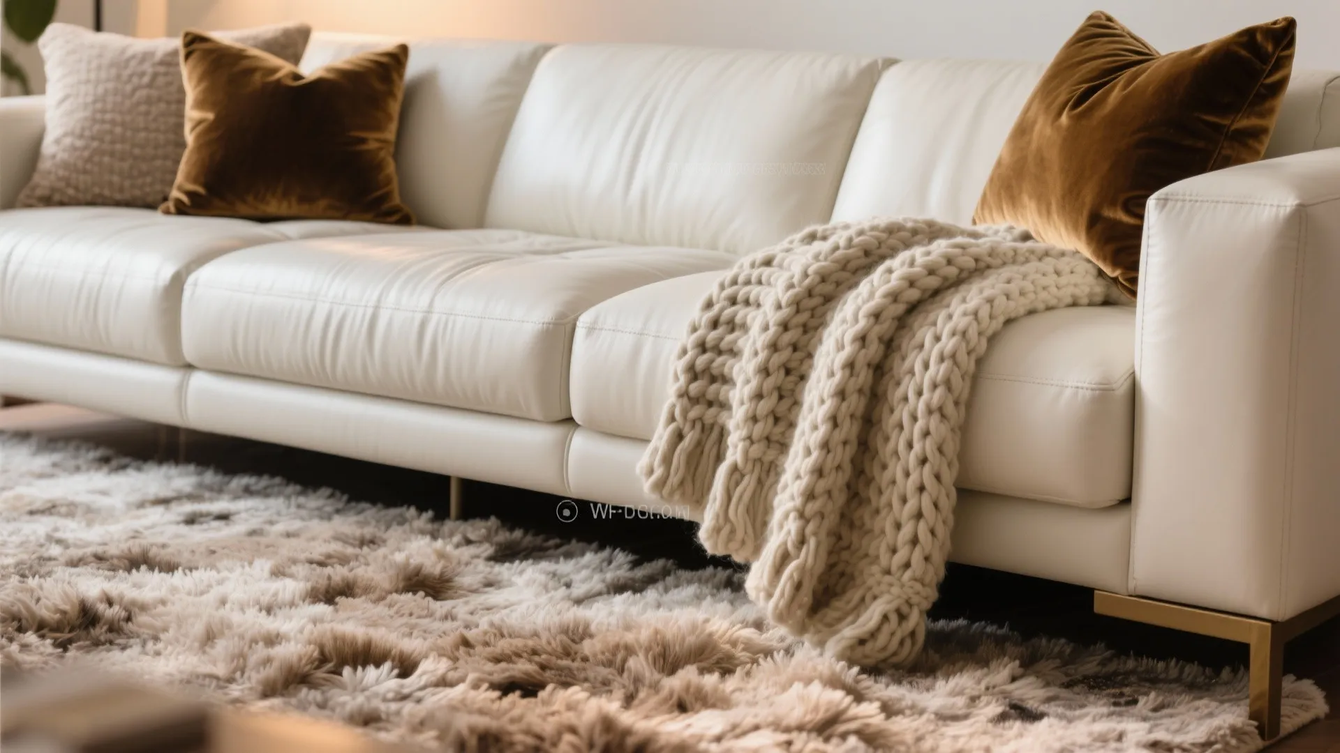 White leather sofa with brown pillows and a thick knit blanket resting on fluffy rug
