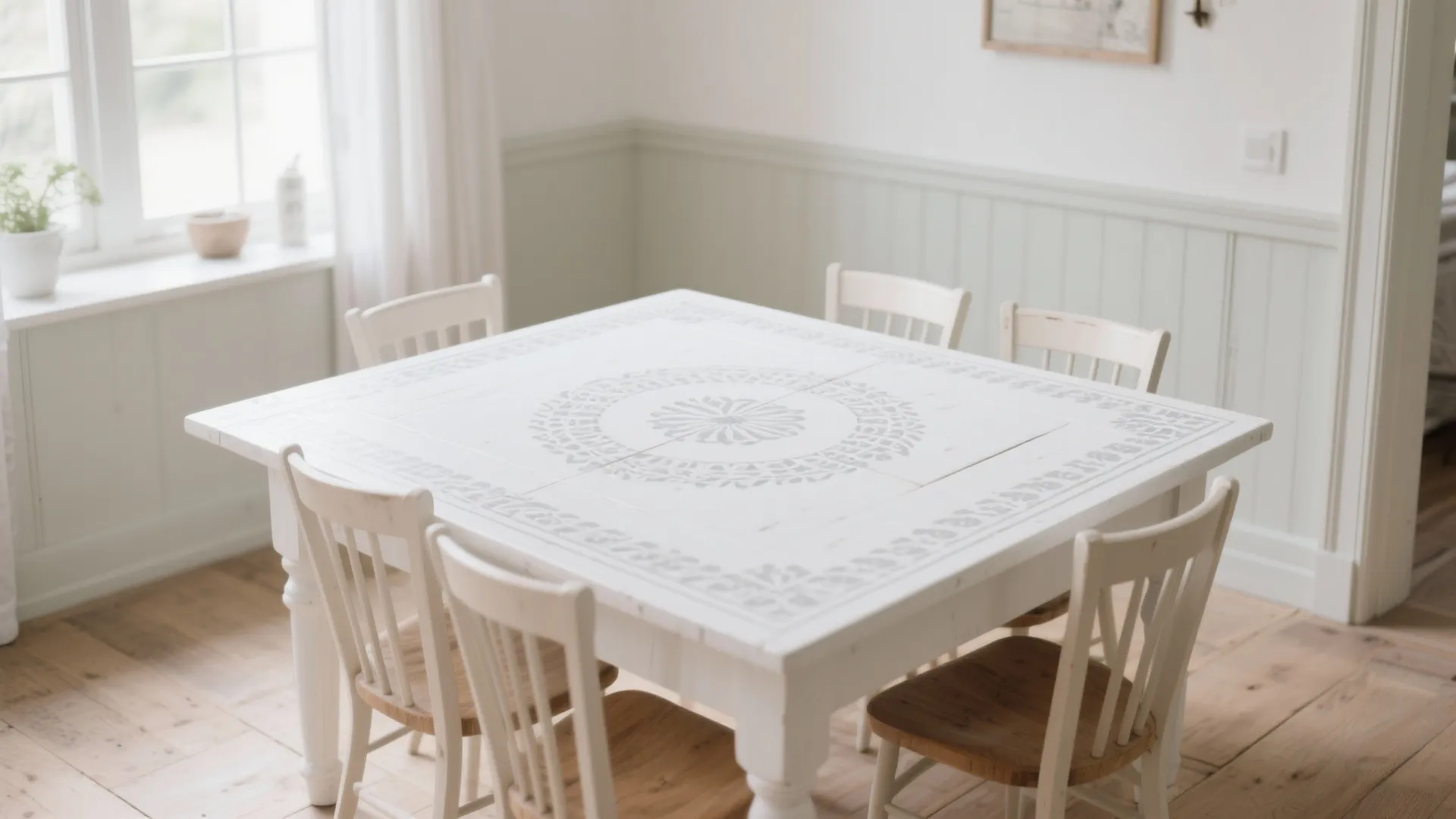 Matte white oak table with pale grey stencil pattern in airy dining room