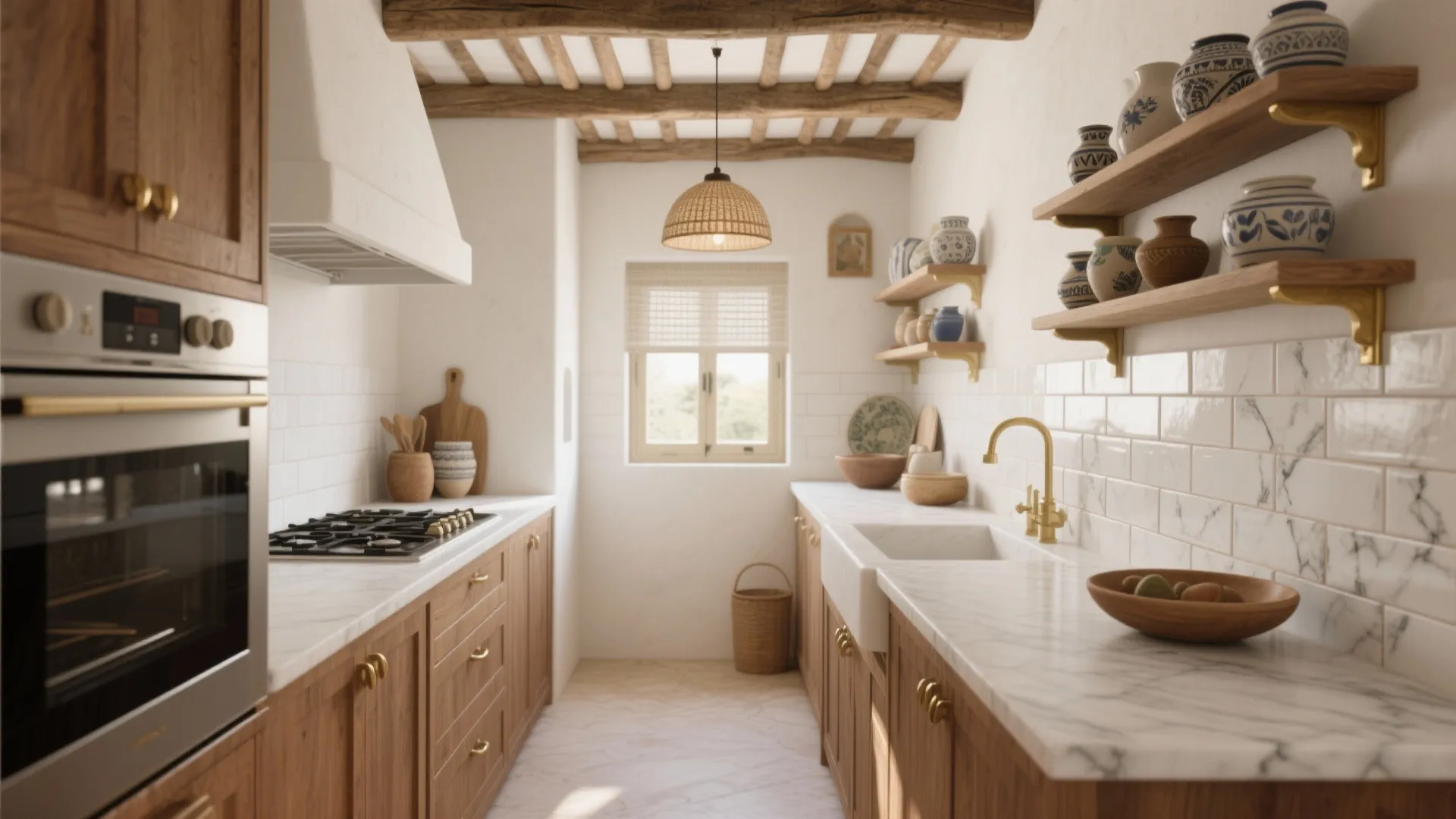 Rustic kitchen with wooden cabinets white marble countertops tile backsplash ceiling beams and woven light