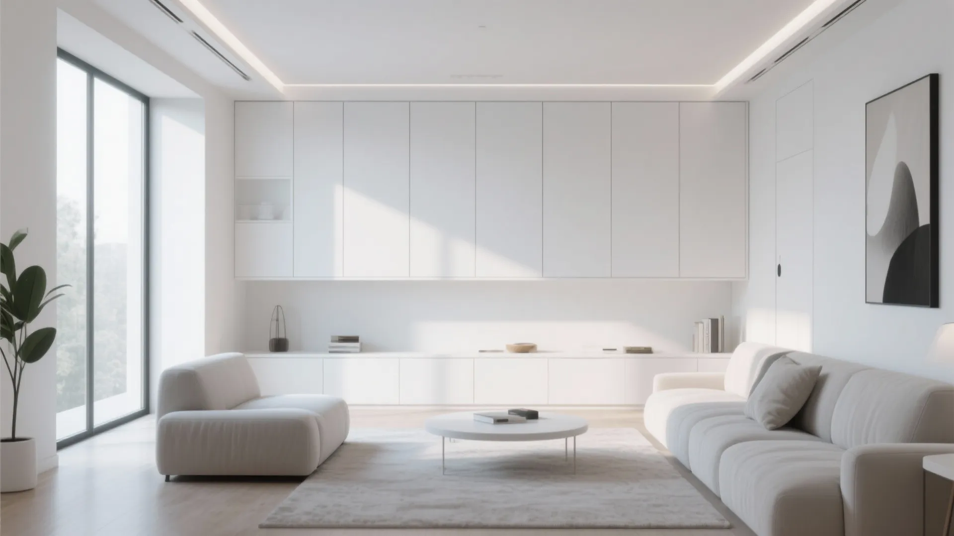 Modern white living room featuring large wall cabinet system grey sofa and round white coffee table
