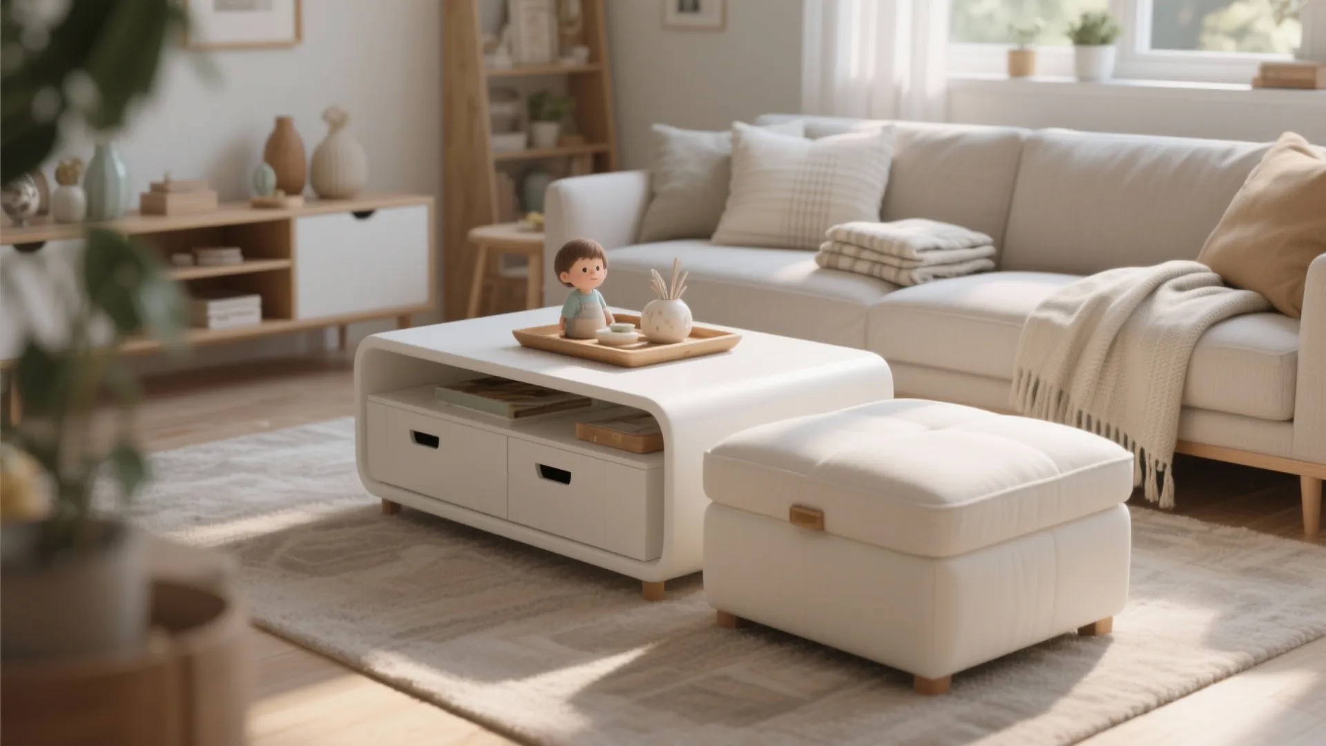 Living room with white sofa, coffee table with drawers, and matching white footrest on rug