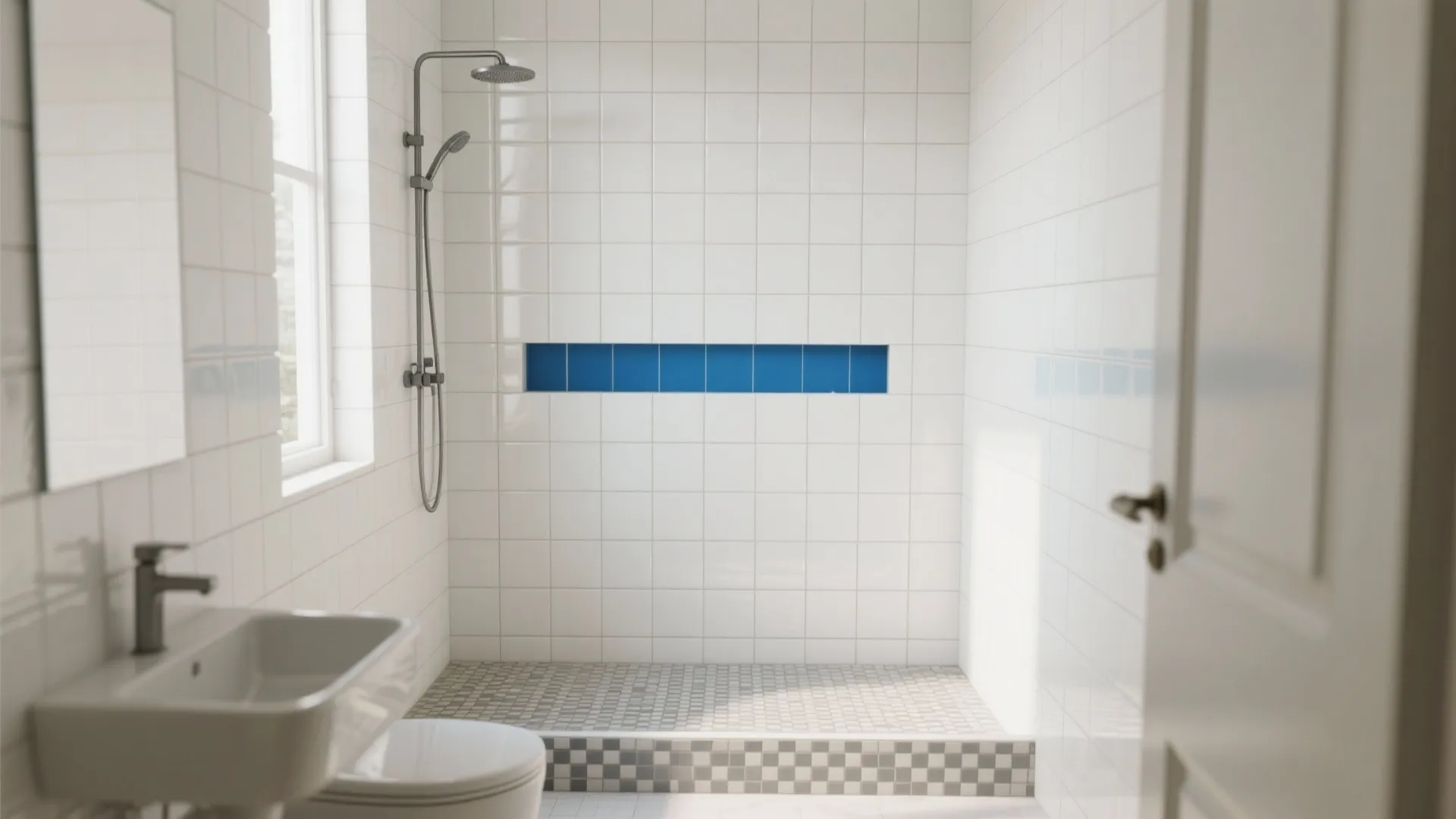 Modern white bathroom with blue wall niche shower system sink toilet and grey mosaic floor