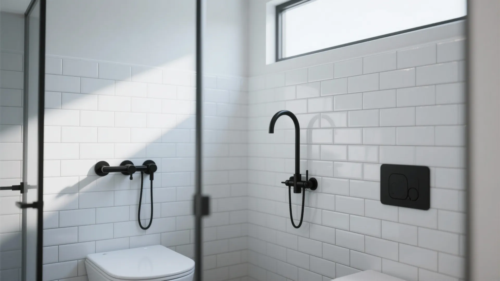 White subway wall tiles in a bathroom with black tap shower head and white toilet