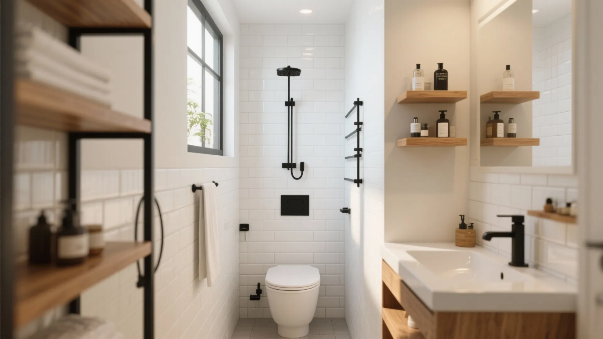 Modern white bathroom with subway tiles black shower fixtures wooden shelves white sink and toilet