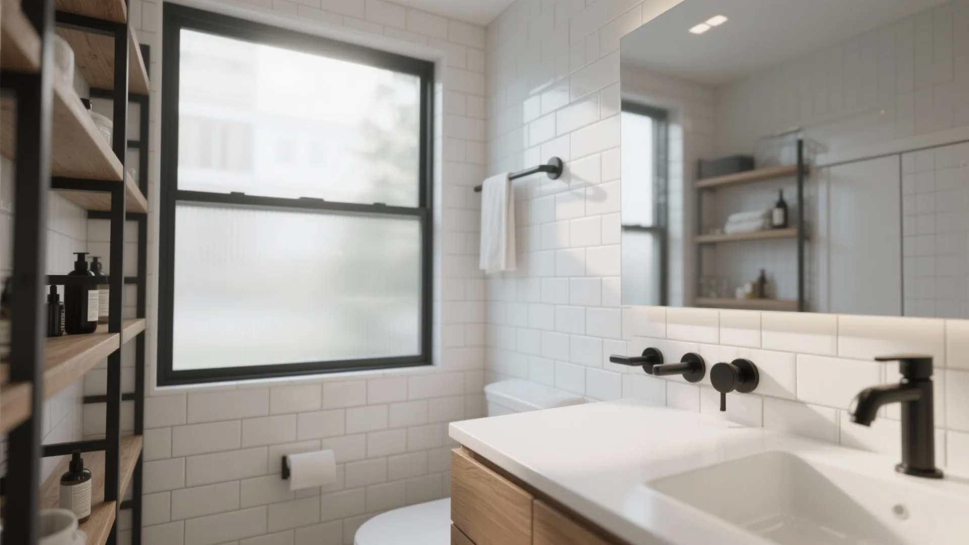 Bright bathroom with white subway wall tiles wooden cabinet black water taps and large window