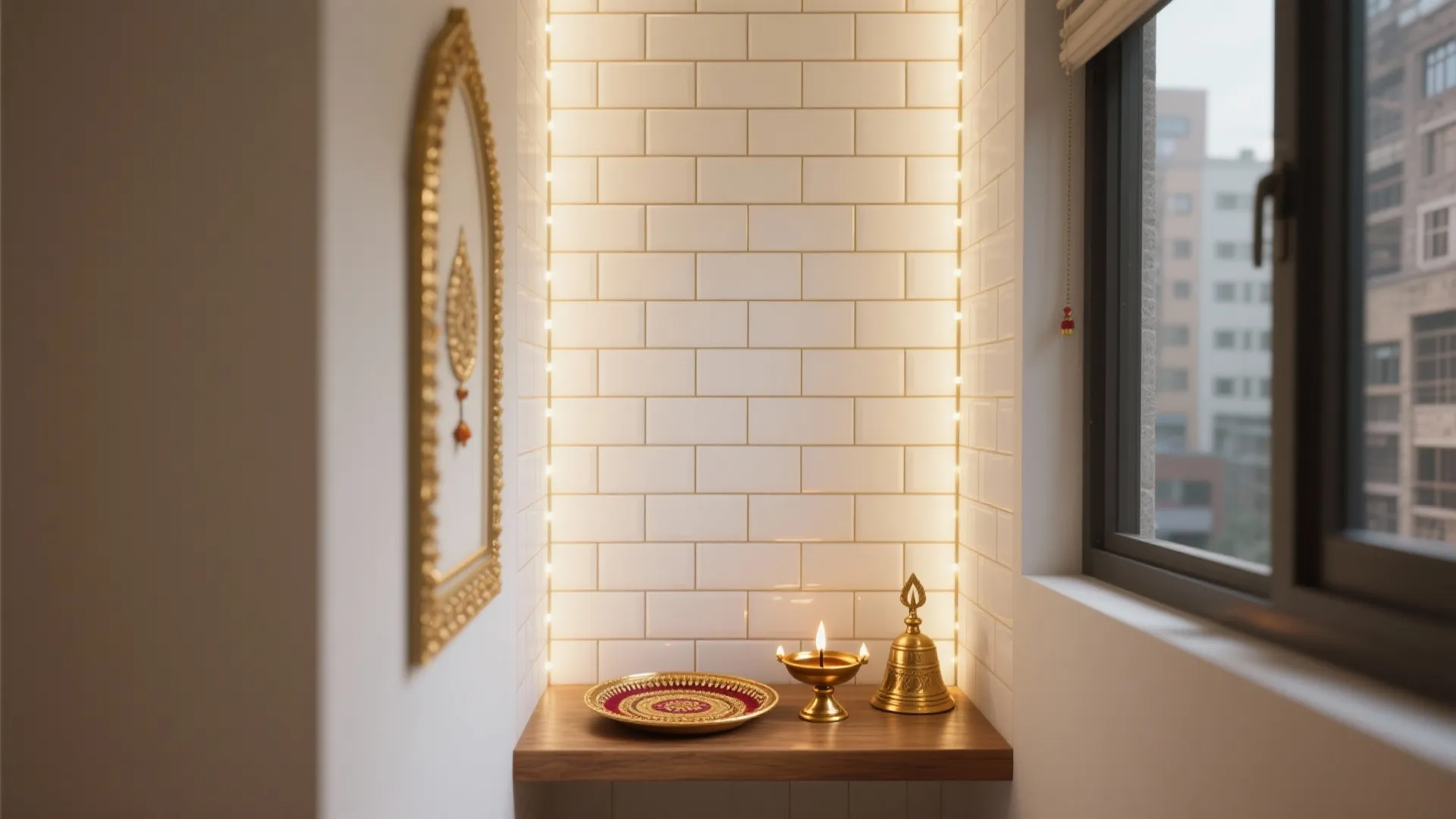 Pooja nook with white subway tiles, brass trim, wooden ledge, and warm LED lighting.