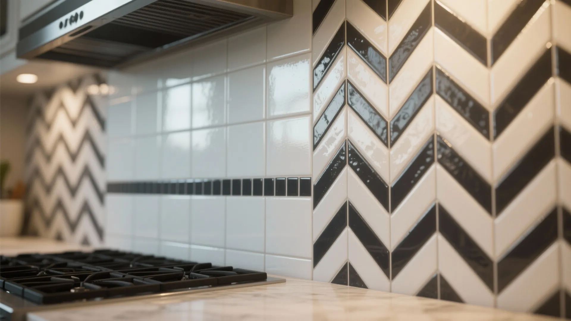 Modern kitchen wall with white square tiles and black zigzag patterns behind a gas stove