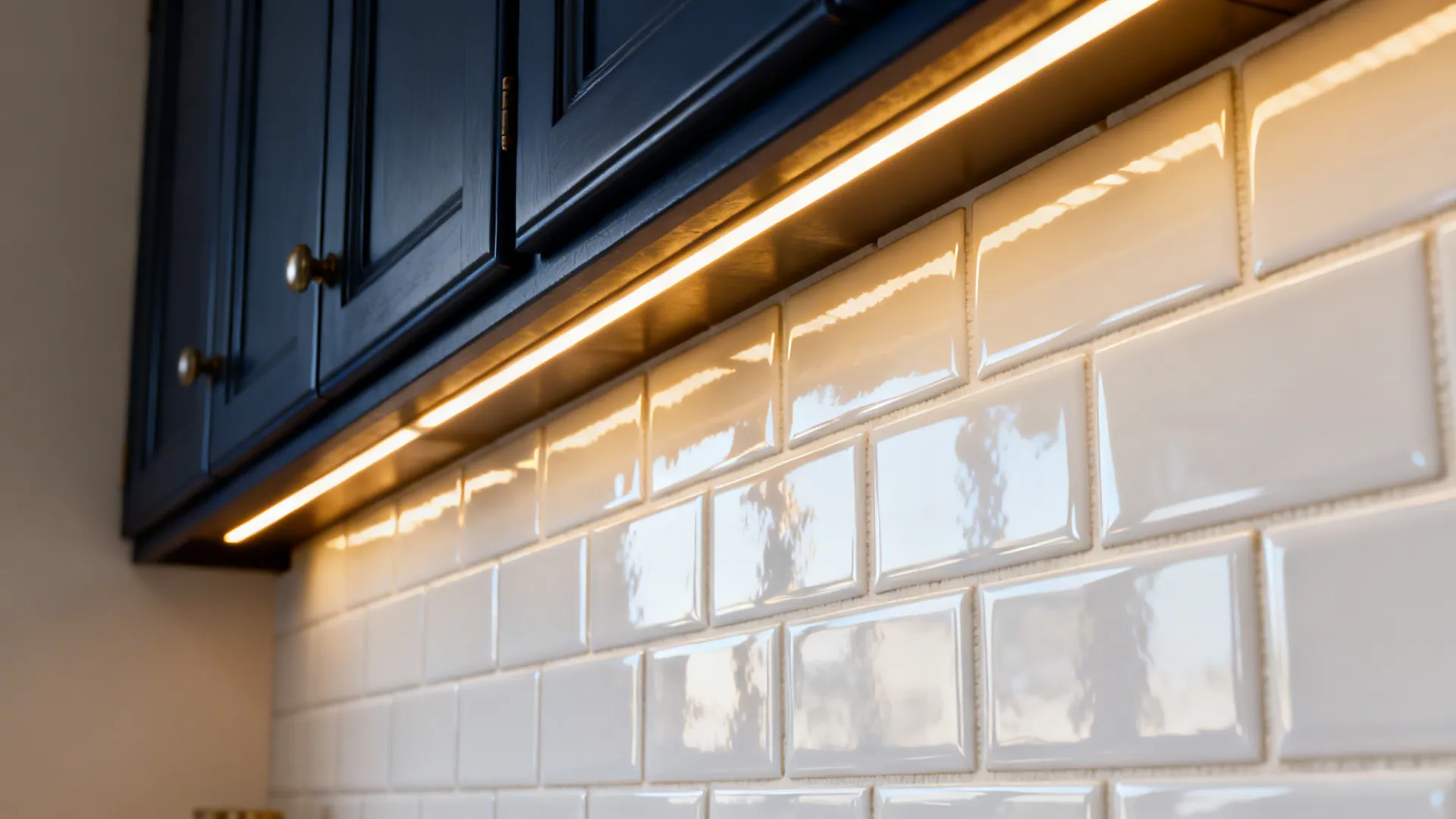 Glossy white subway tiles with off-white grout reflecting warm under-cabinet light beside dark cabinets.