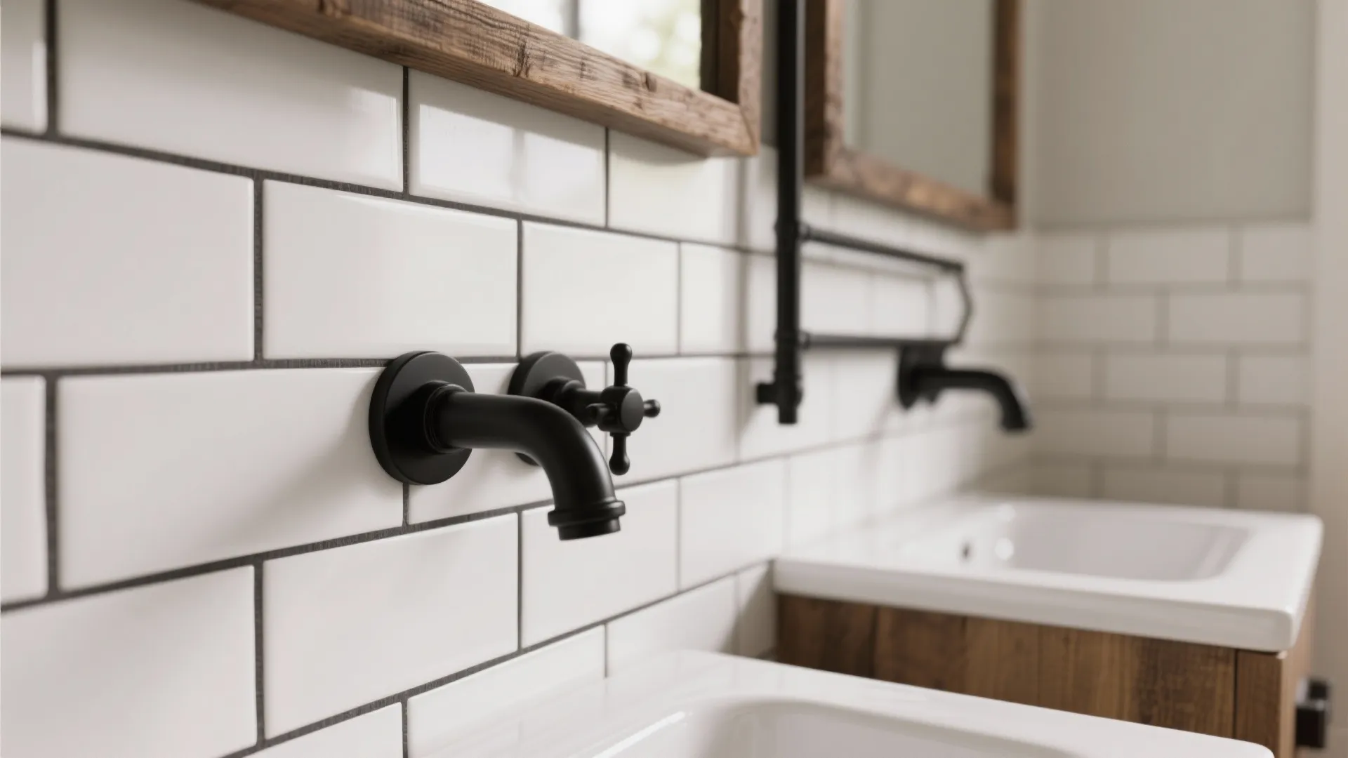 Industrial bathroom with white subway tiles and dark grout plus black faucets and wooden cabinet