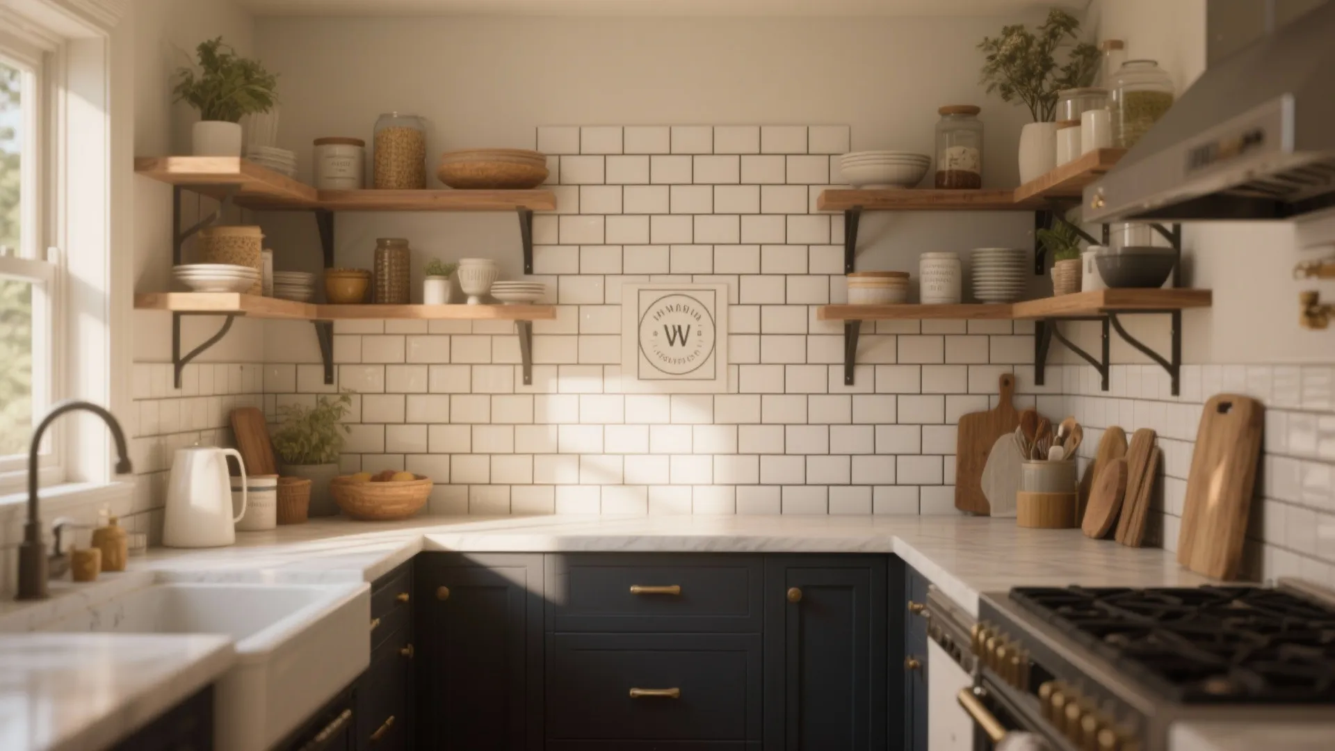 Classic kitchen with white wall tiles, dark blue cabinets, wooden shelves, and white marble countertop