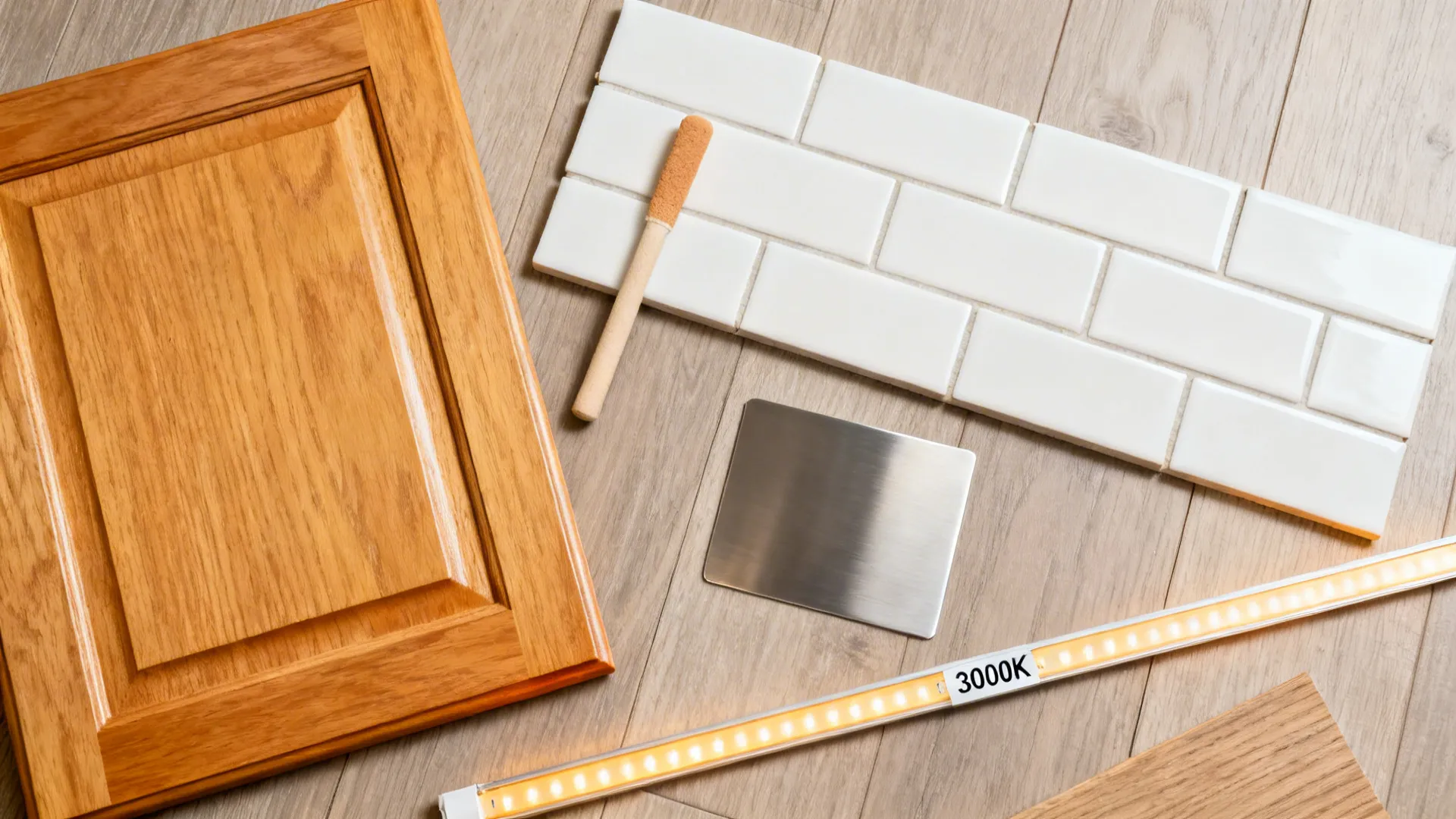 Top-down flatlay of maple door, matte off-white subway tile, warm-beige grout, and stainless sample.