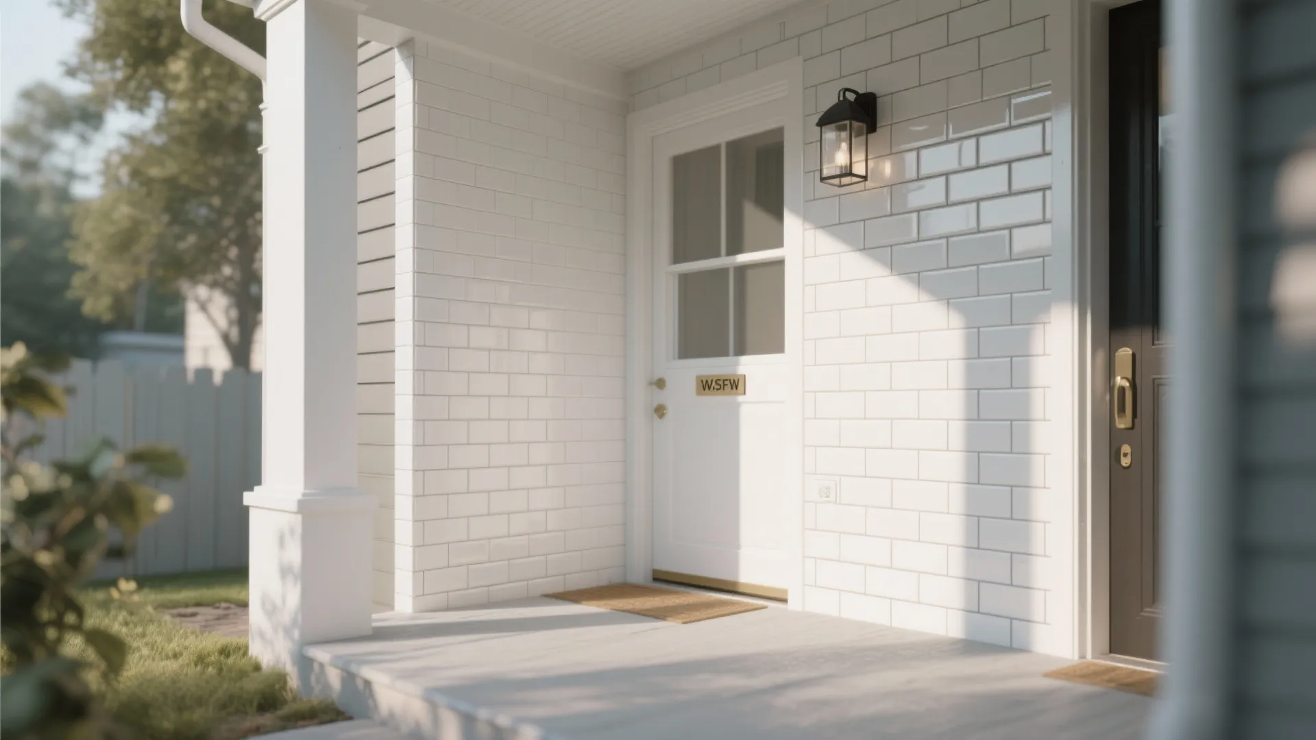 White house entrance with white brick wall tiles white door black wall light and column