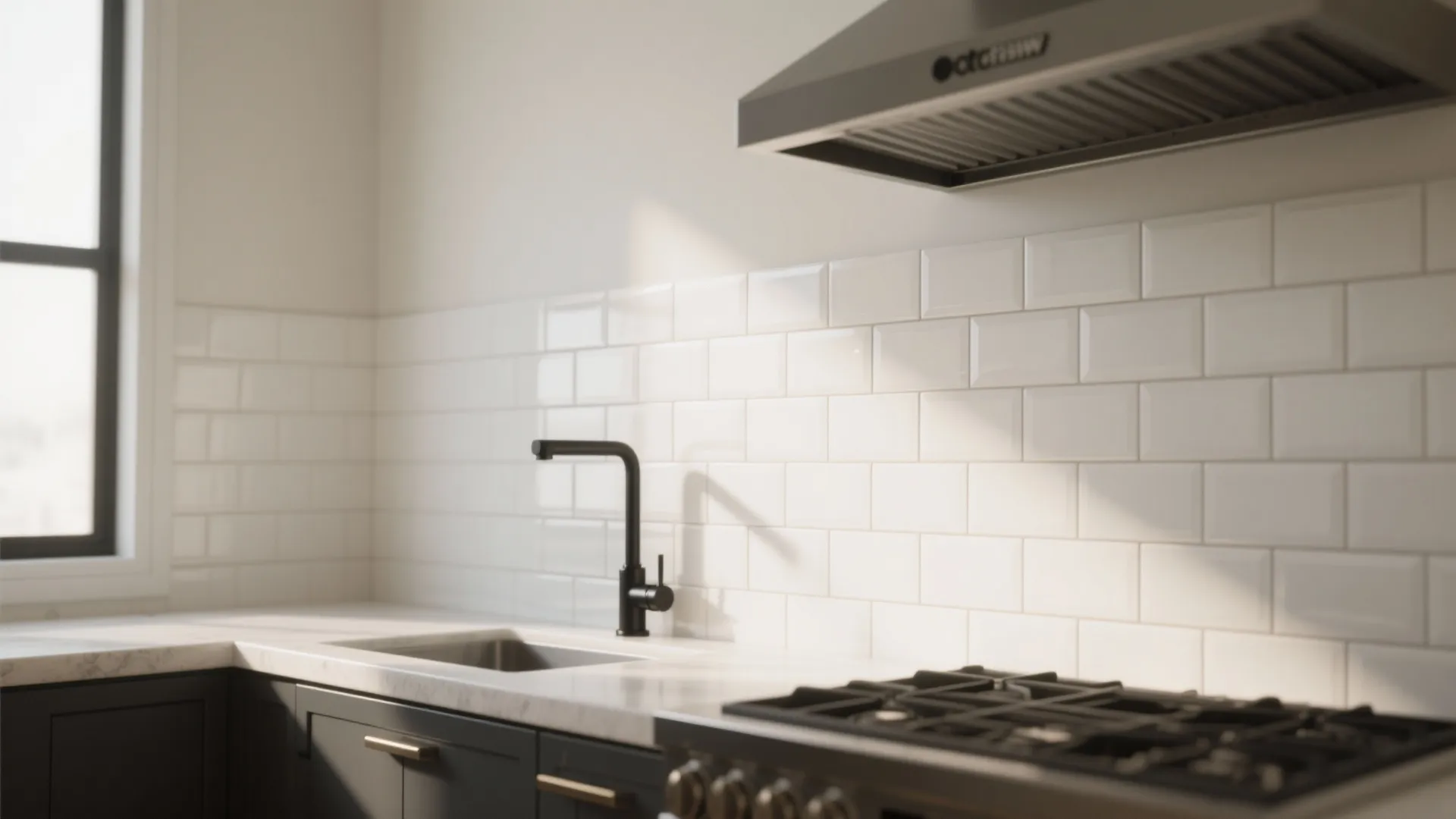 Modern kitchen featuring white wall tiles, black water tap, dark cabinets, and white marble countertops