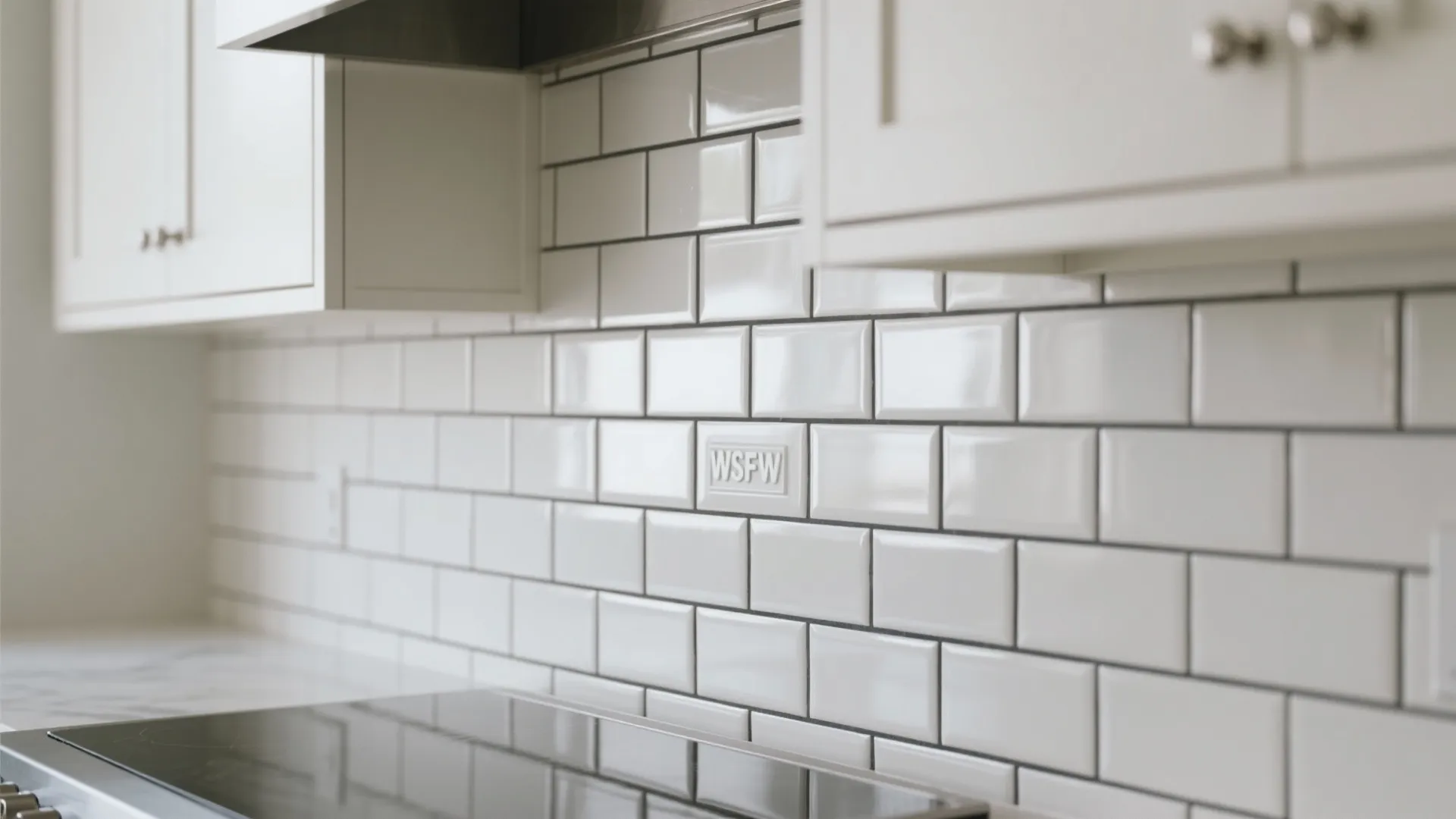 Close up of white subway tile wall in a modern kitchen with white cabinet storage